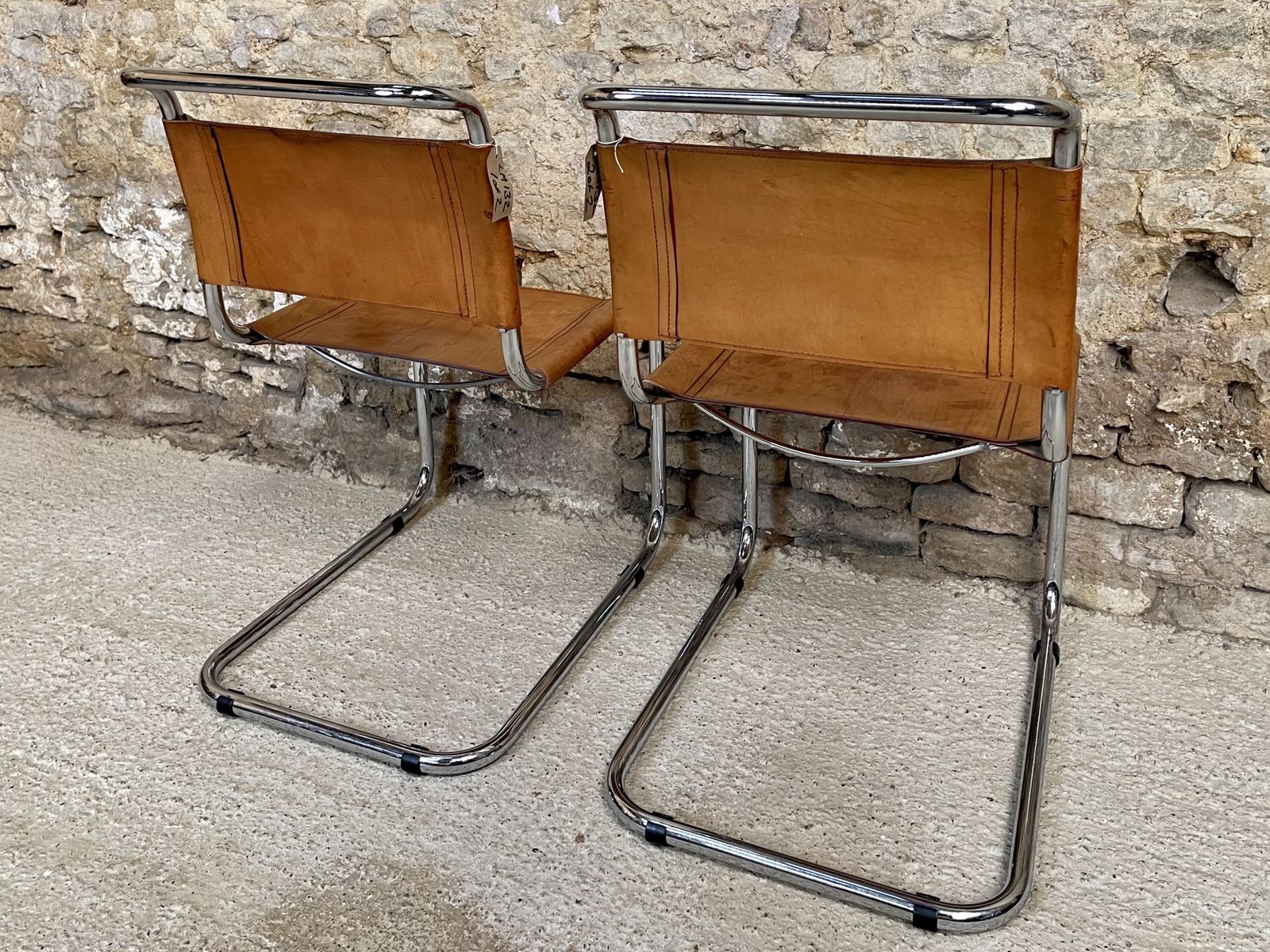 Pair Dining Or Desk Chairs  Mart Stam Marcel Breuer S33 Set Of Two 2 Fasem Chrome Tan Cognac Brown Leather Cantilever Bauhaus photo 1595.0
