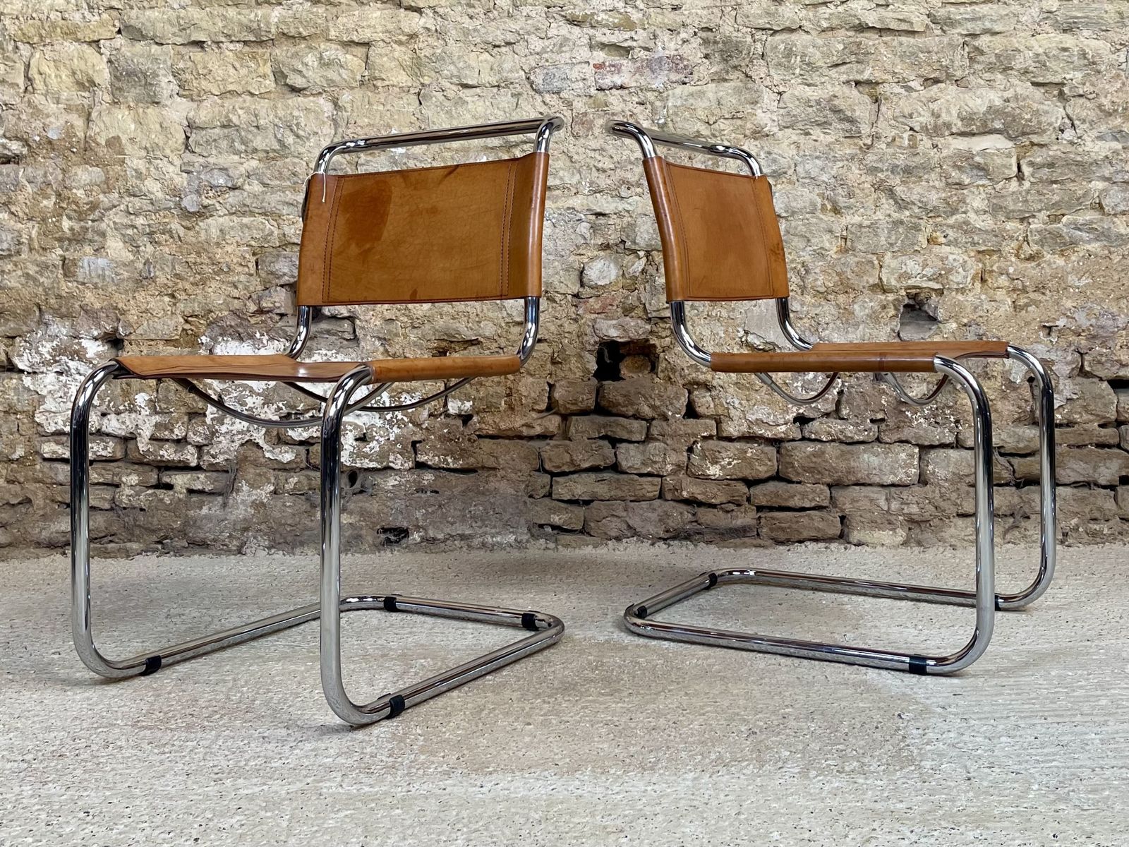 Pair Dining Or Desk Chairs  Mart Stam Marcel Breuer S33 Set Of Two 2 Fasem Chrome Tan Cognac Brown Leather Cantilever Bauhaus