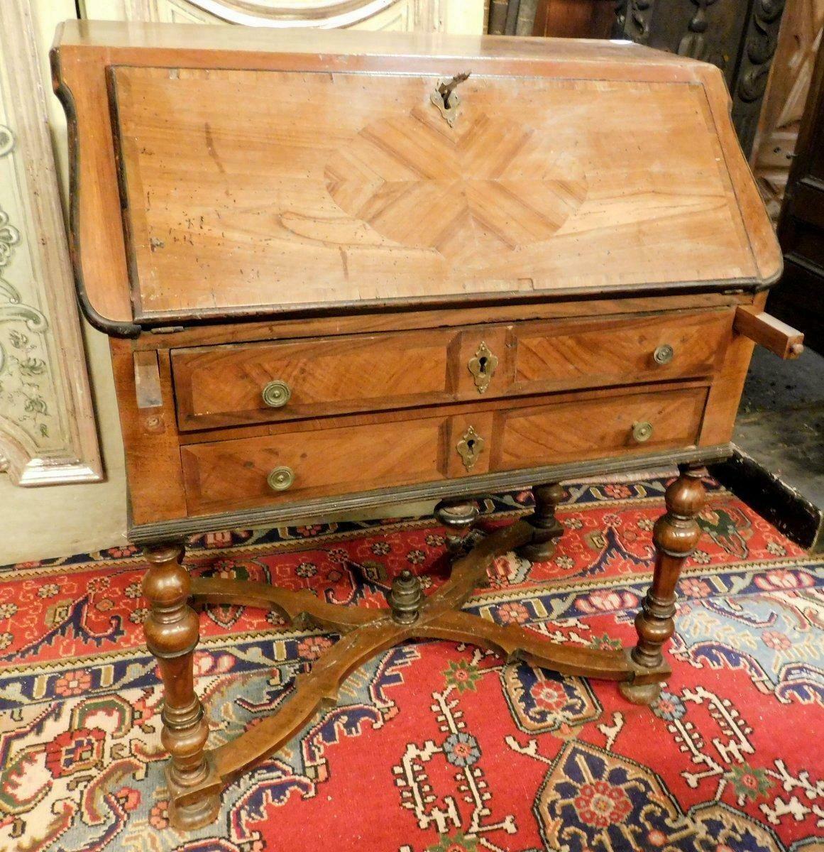 photo furniture Antique Flap Writing Desk In Walnut, Carved Cross Legs, Early 18th Century Italy