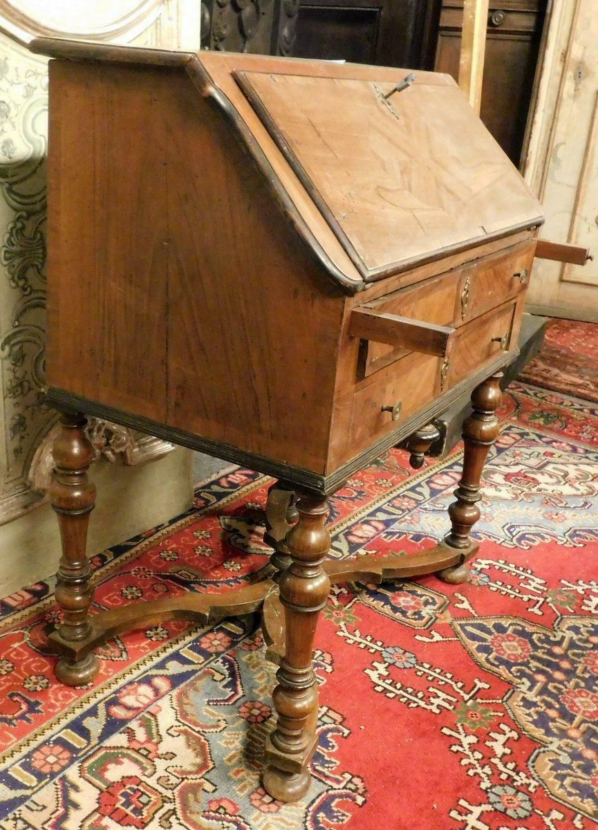 photo for sale Antique Flap Writing Desk In Walnut, Carved Cross Legs, Early 18th Century Italy