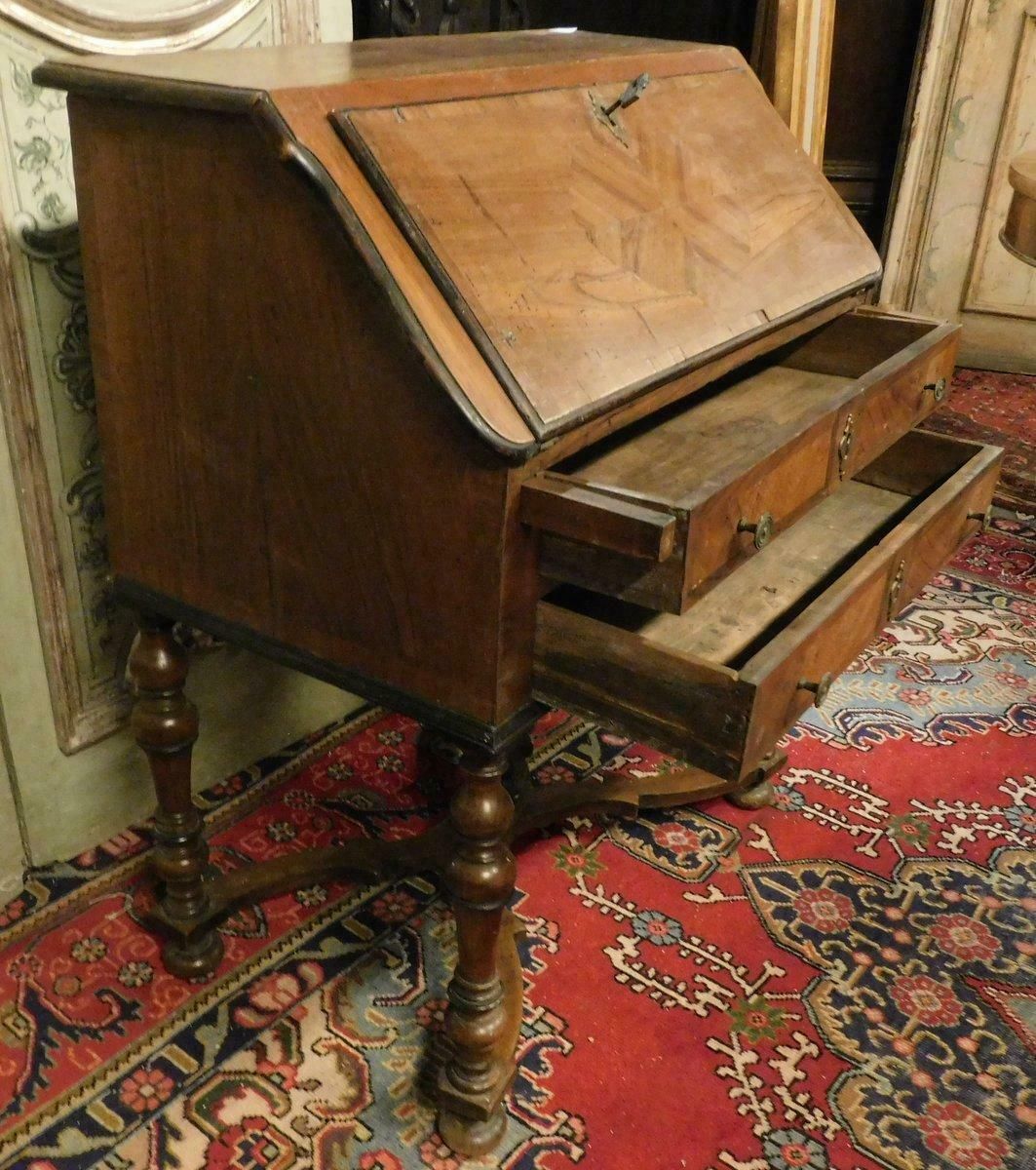 3012.0 Antique Flap Writing Desk In Walnut, Carved Cross Legs, Early 18th Century Italy photo
