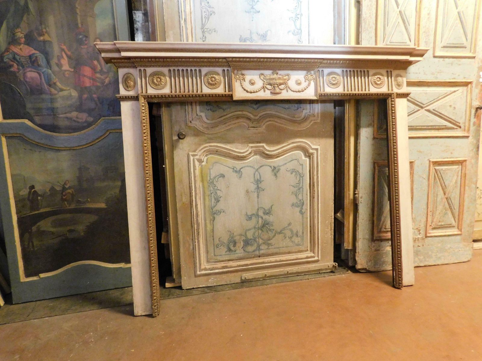 Fireplace Mantle, Carved And White And Gold Lacquered Wood, 18th Century France photo vintage