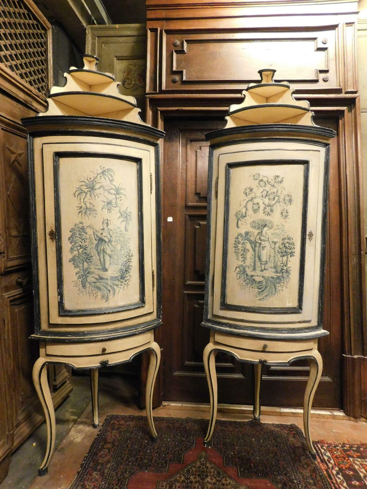 Antique Pair Of Corner Cabinets In Lacquered Wood With Chinoiserie, 18th Century photo furniture