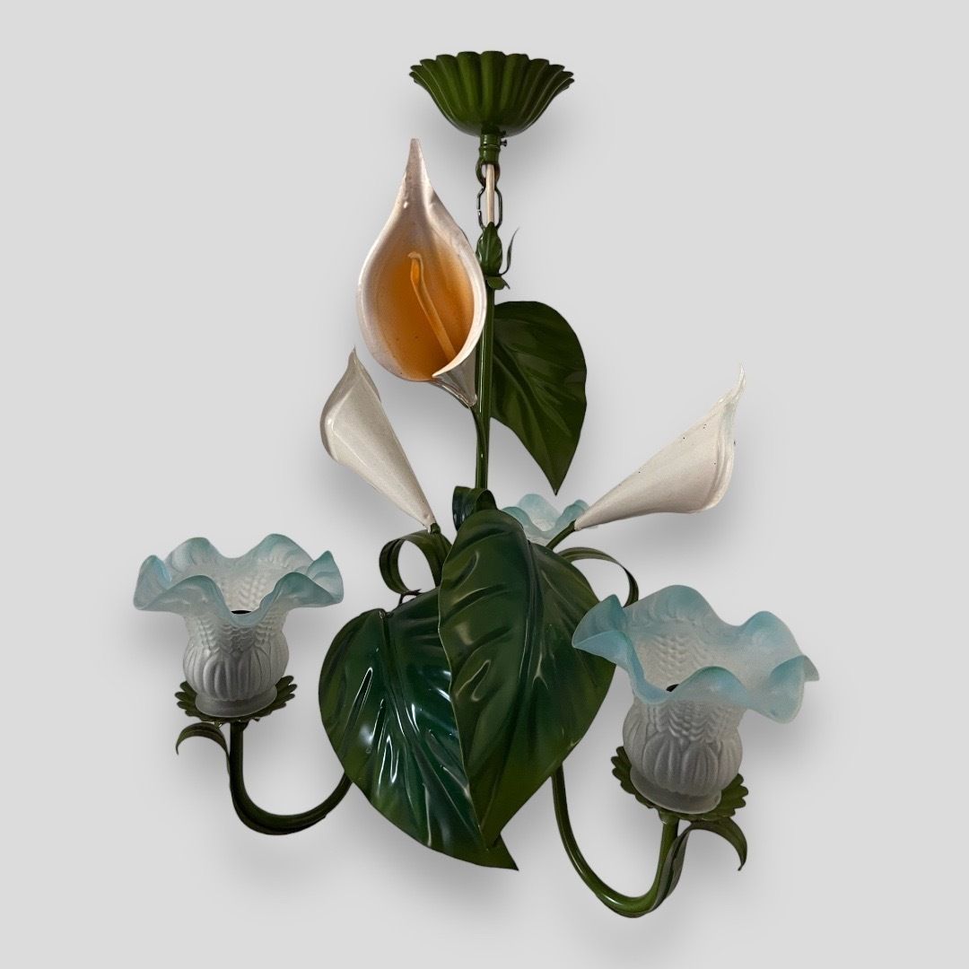 A Fantastic Pair Of Italian Metal 1960s Chandeliers With Painted Nalla Lilies photo for sale