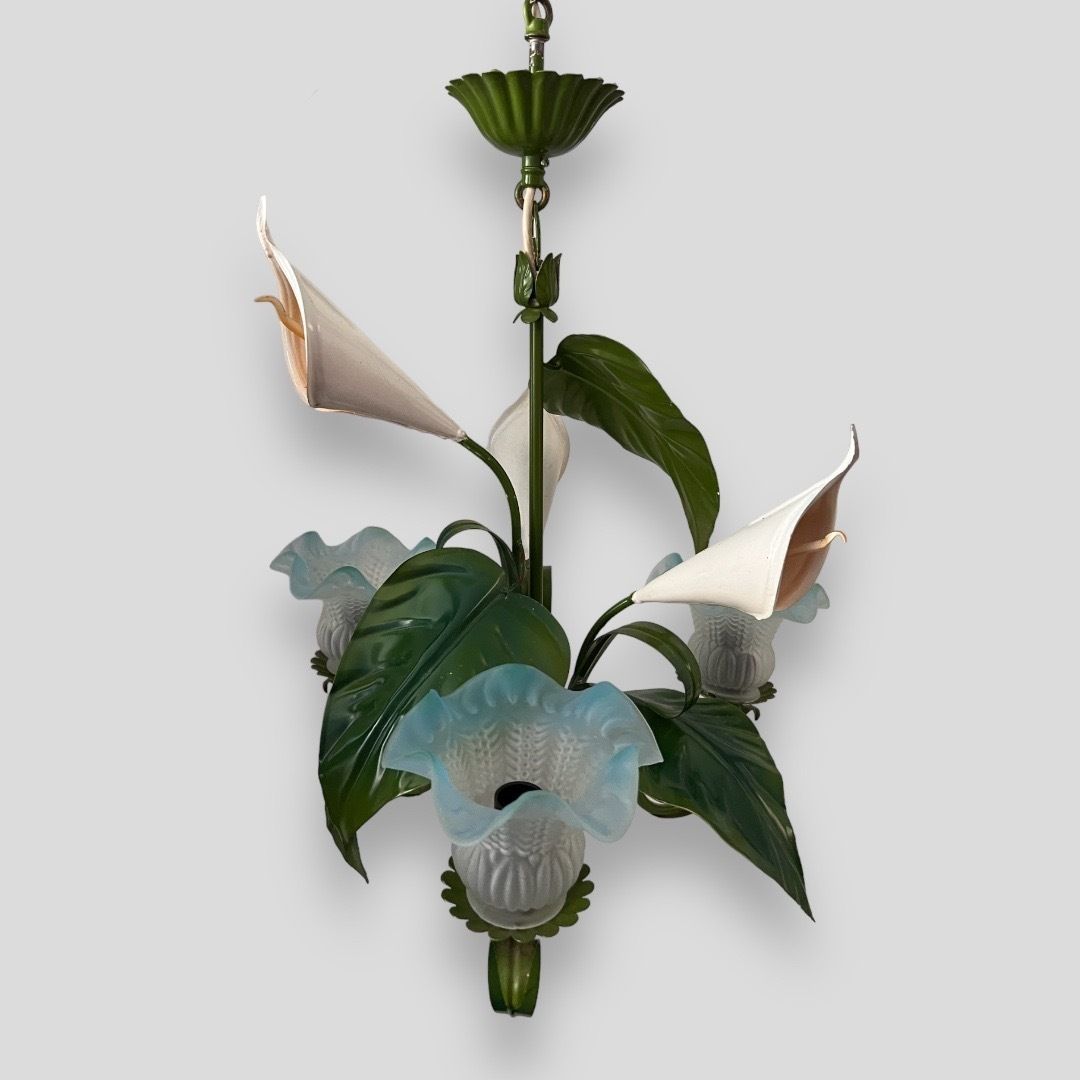 A Fantastic Pair Of Italian Metal 1960s Chandeliers With Painted Nalla Lilies photo Lighting