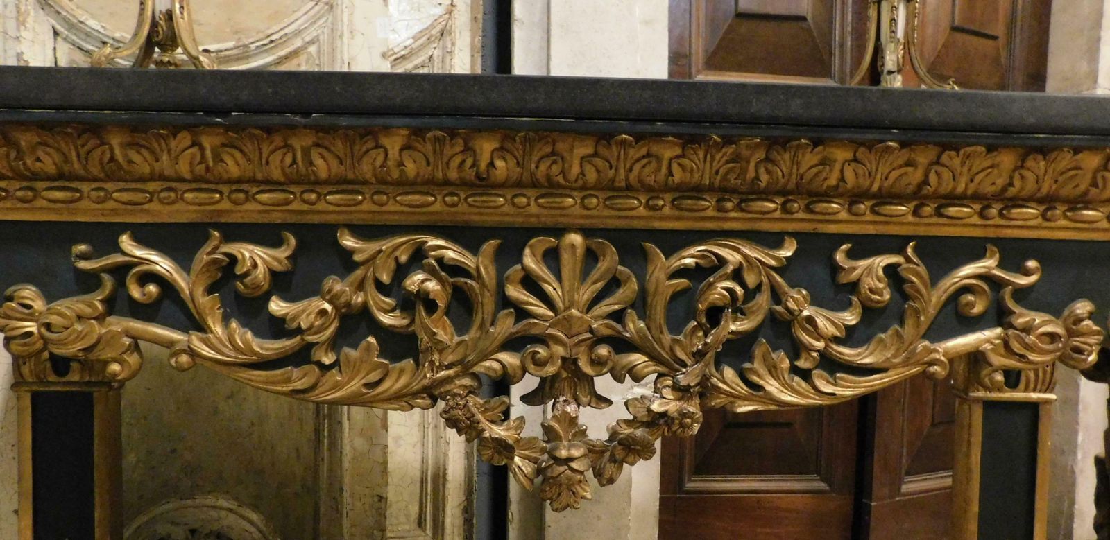 Gilded And Lacquered Console In Richly Carved Wood, Black Marble Top, Italy photo Furniture