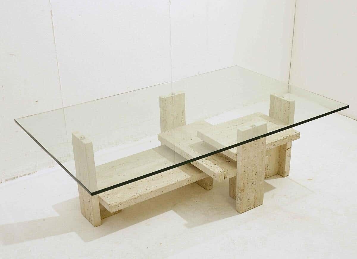 Mid Century Modern Glass And Travertine Coffee Table, Willy Ballez, 1970s photo furniture