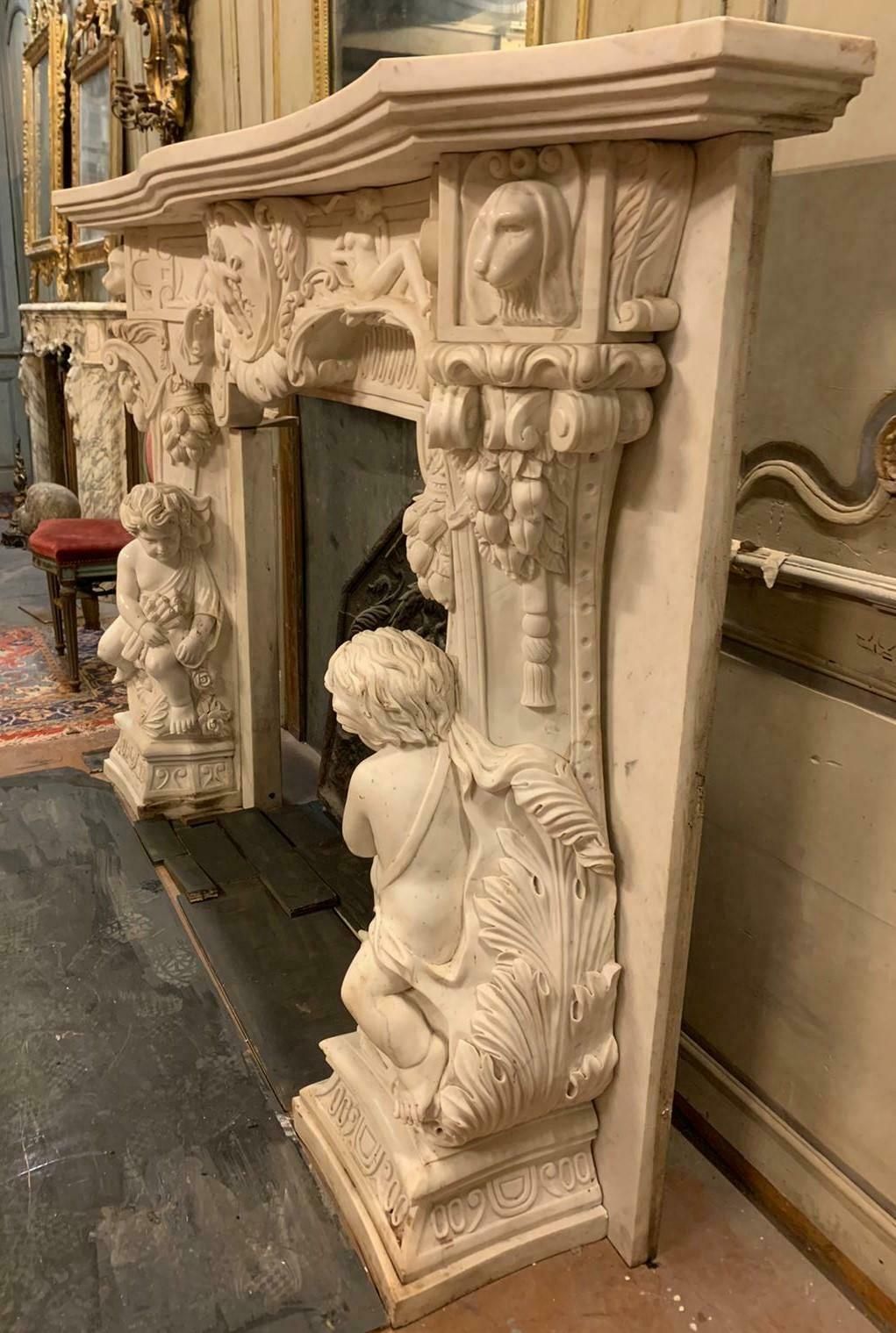 White Statuary Marble Fireplace, Richly Carved With Cherubs, Cupid, Dogs, Italy photo for sale