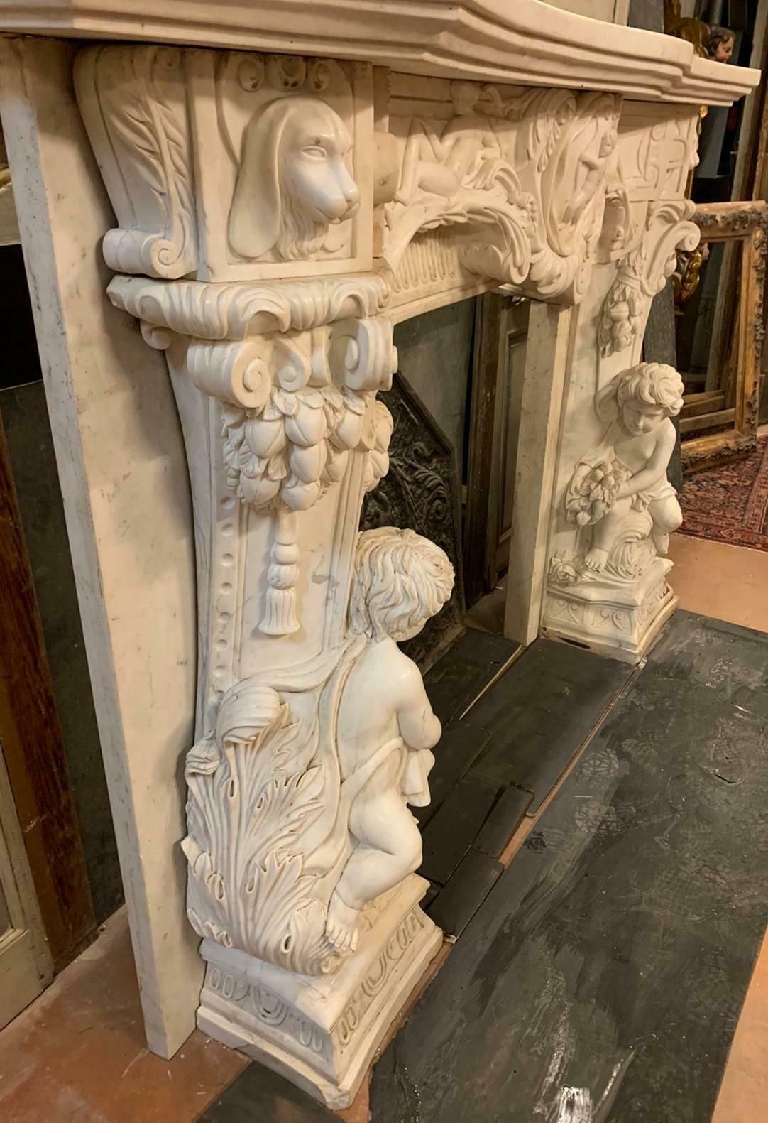 White Statuary Marble Fireplace, Richly Carved With Cherubs, Cupid, Dogs, Italy photo Home Fixtures