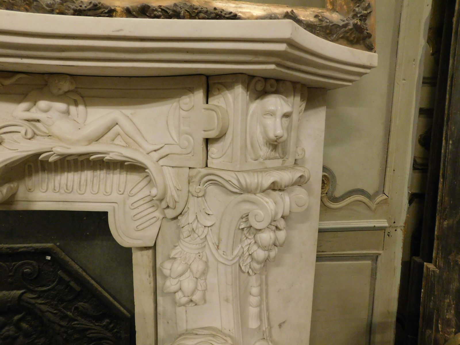 White Statuary Marble Fireplace, Richly Carved With Cherubs, Cupid, Dogs, Italy photo vintage