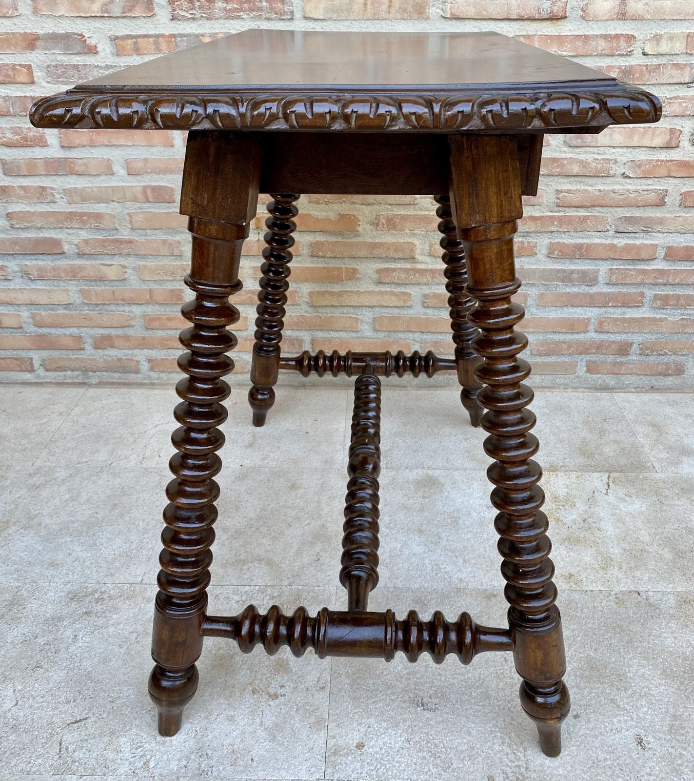 Mid 20th Century French Walnut Carved Side Table With Turned Legs And Stretcher photo vintage