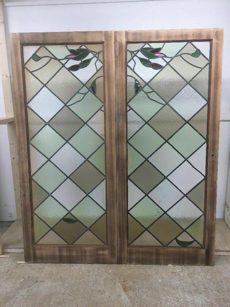 Stained Glass Doors Antique Period Reclaimed French Double Lead Lattice Wood