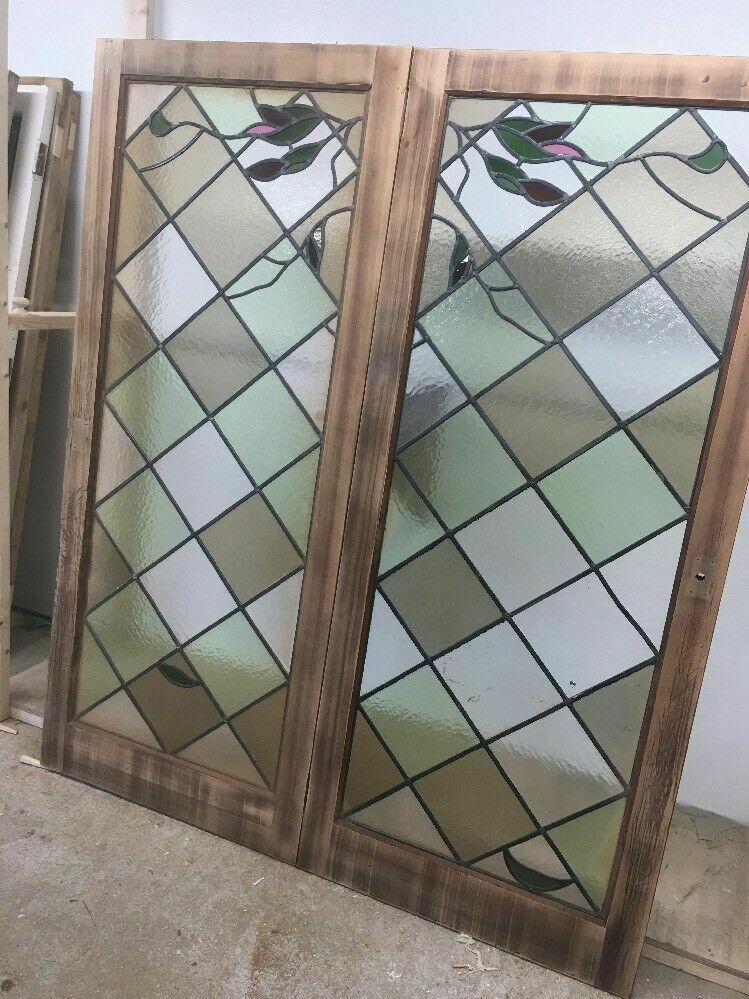 Stained Glass Doors Antique Period Reclaimed French Double Lead Lattice Wood photo furniture