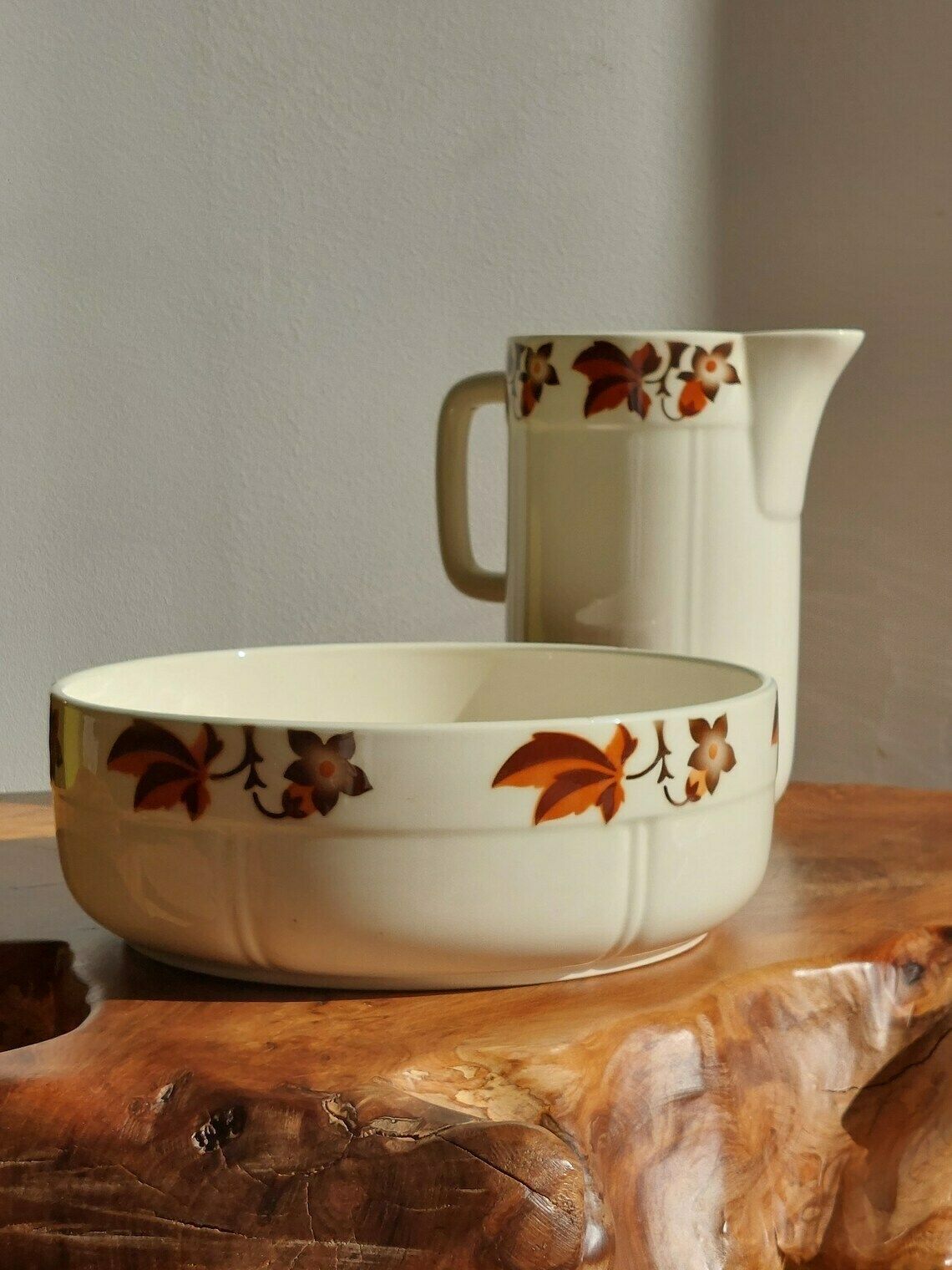 Rare Vintage Pitcher And Wash Basin/German Bathroom Set/Vintage Bathroom Jug And Bowl/Vintage German Wash Set/Hand Painted/Annaburg/1950's photo furniture