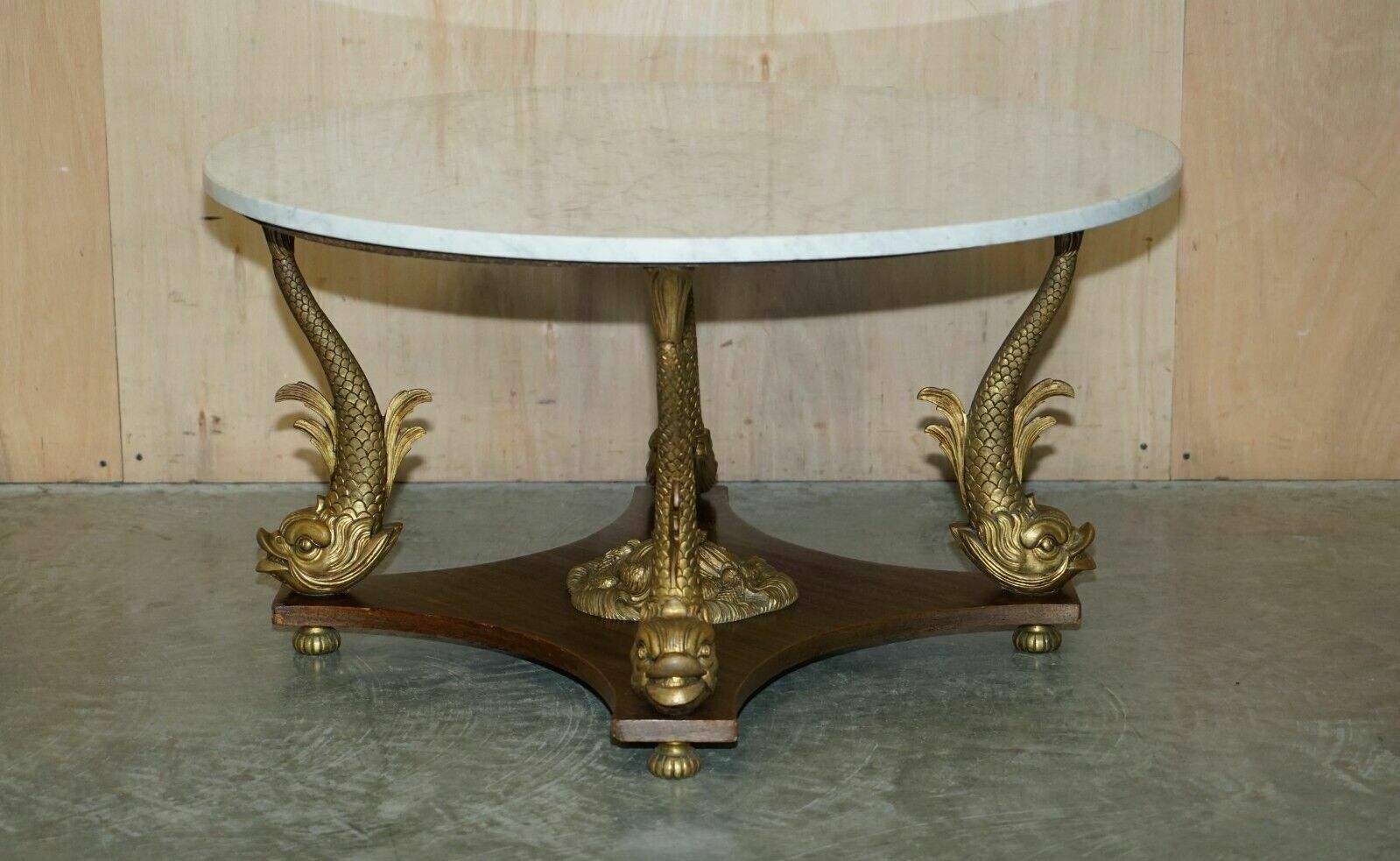 Very Fine 19th Century Gilt Brass Dolphin Italian Carrara Marble Coffee Table photo for sale