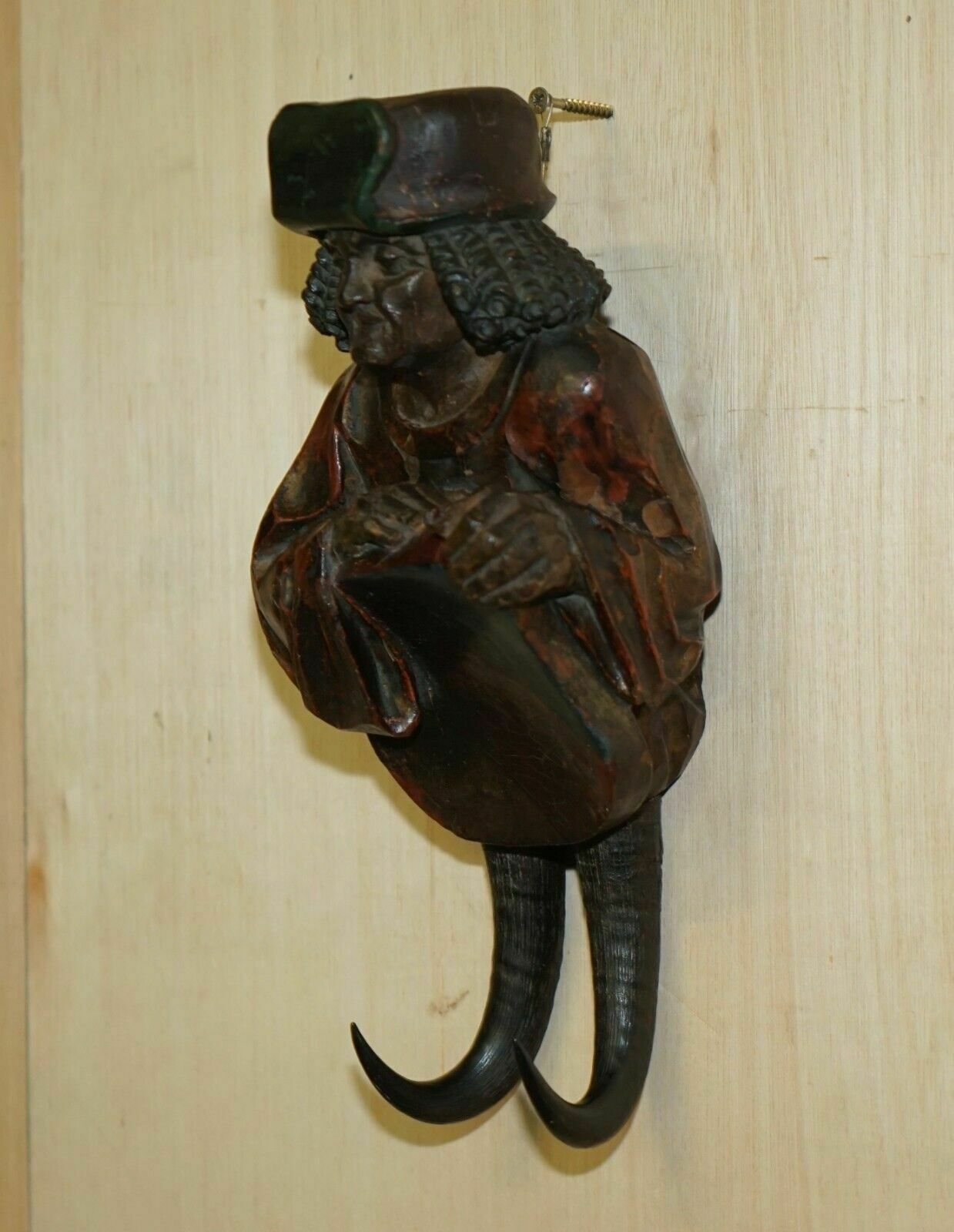 photo buy Antique Circa 1880 Super Rare Black Forest Hand Carved And Painted Whip Hook