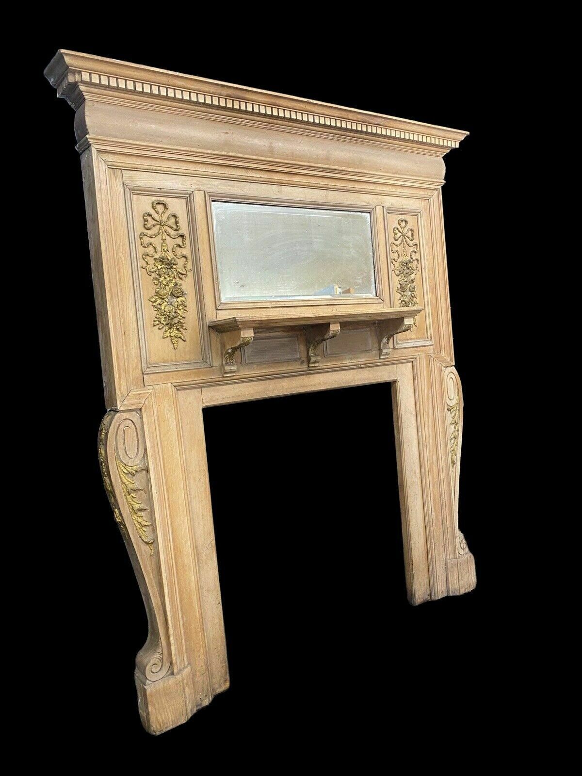 Rare Carved Pine Gilt Antique Old Fire Surround Overmantel Fireplace Reclaimed photo for sale