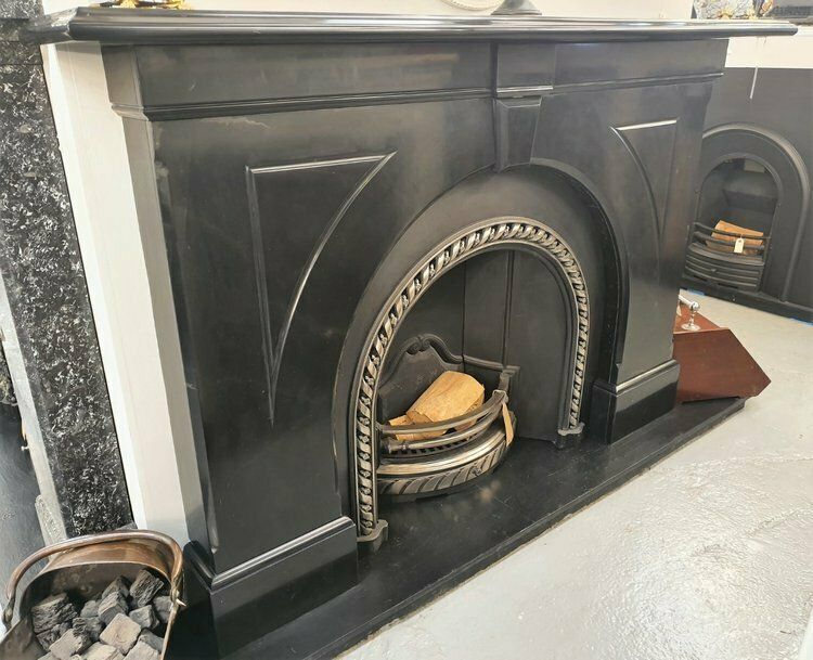Original Belgian Black Spandrel Marble Fireplace Mantel 0473