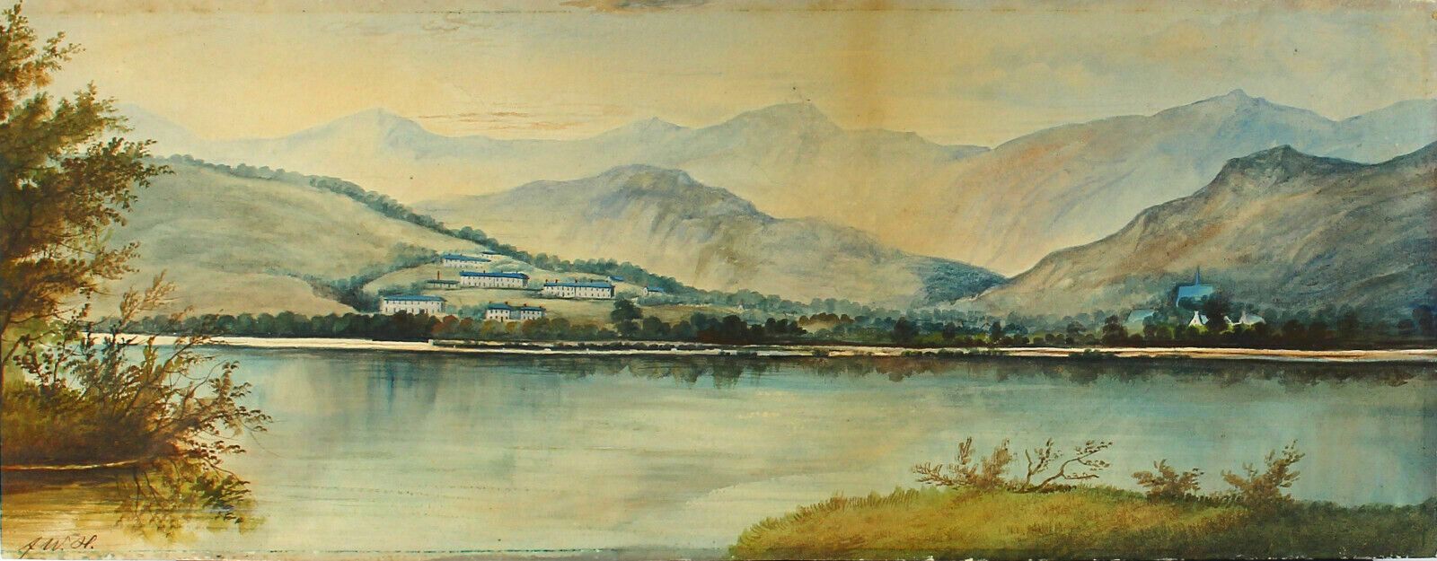 Watercolour By Frederick William Hulme Loch Side Scene With Church In Distance