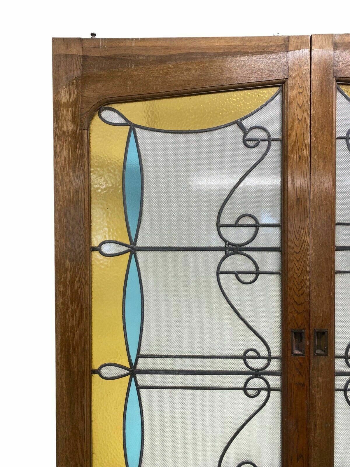 Solid Oak Sliding Art Deco Stained Glass Doors Antique Period Reclaim Old Lead photo furniture