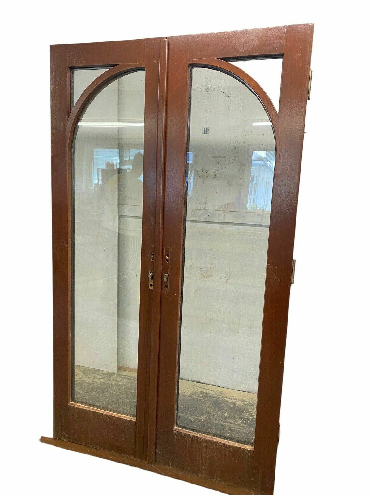 Solid French Mahogany Double Glazed Door Set Period Reclaimed Arched Key Handles photo for sale