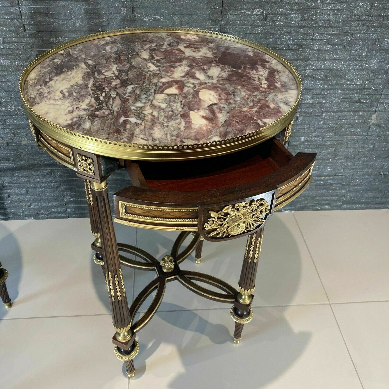 photo for sale 2 French Louis XV Style Ormolu Mounted And Marquetry Gueridon Side Table Marble
