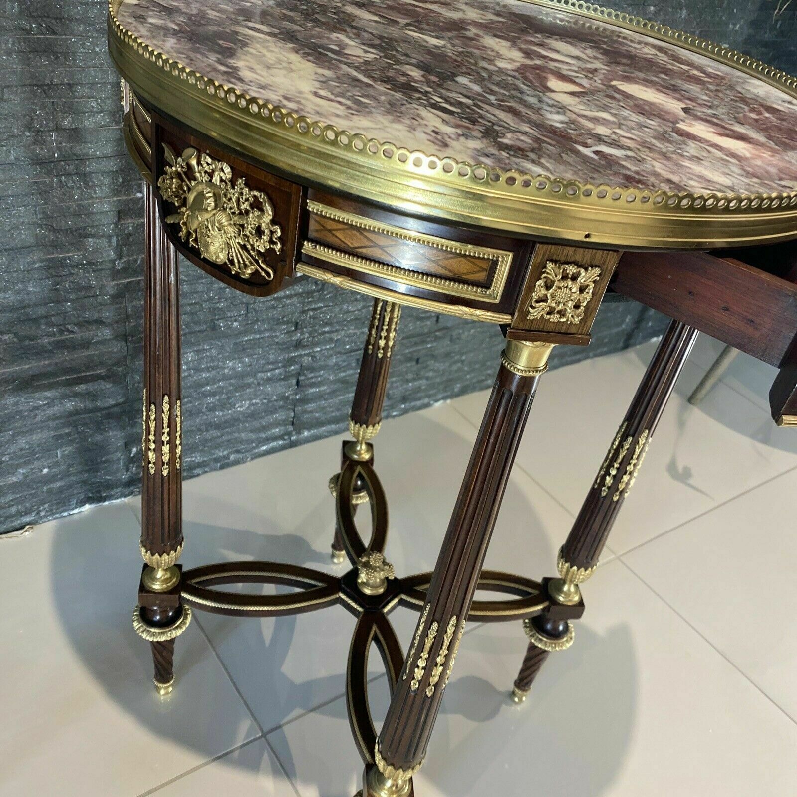 Furniture 2 French Louis XV Style Ormolu Mounted And Marquetry Gueridon Side Table Marble photo