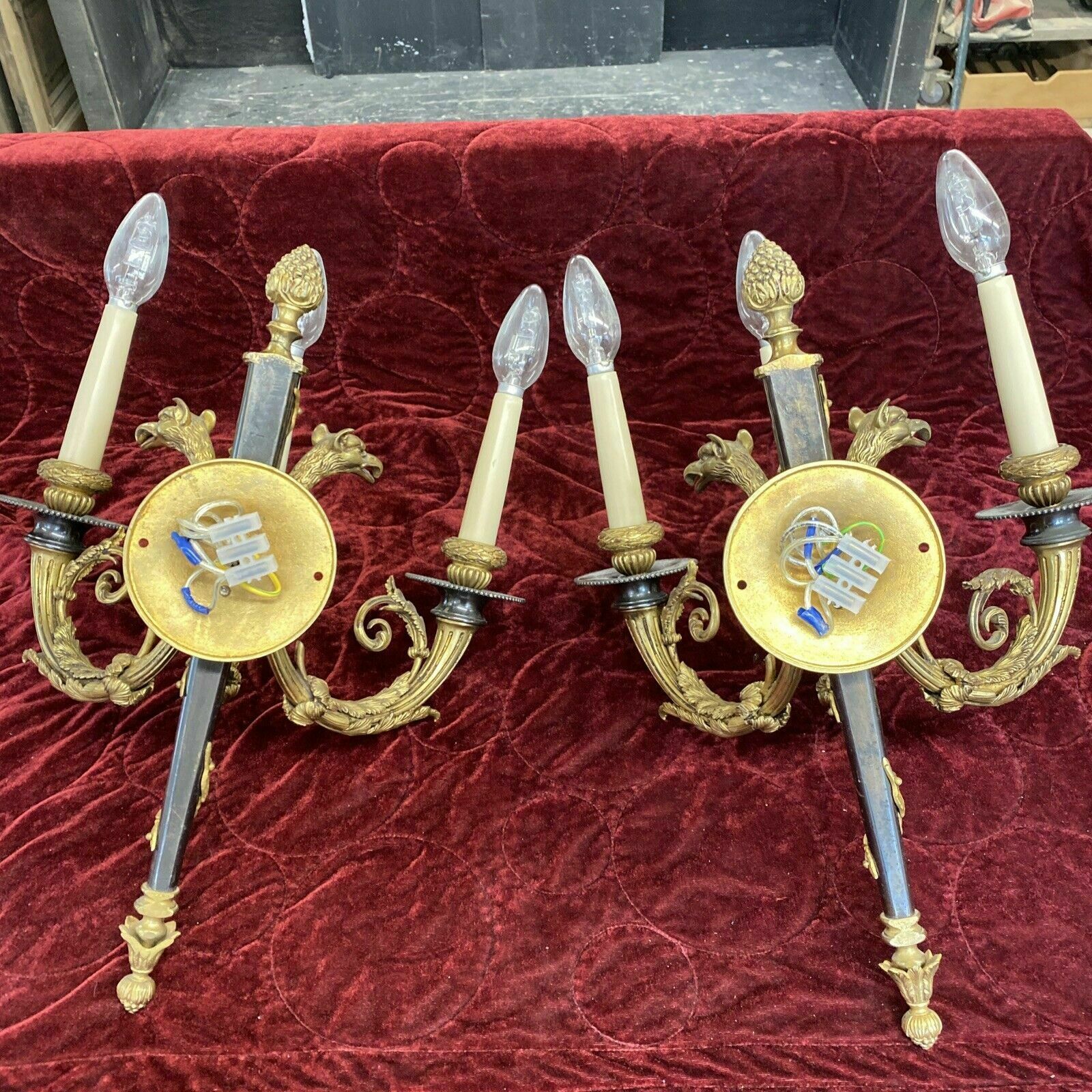 photo for sale Set 2 Pair Antique Gilt Bronze Wall Sconces Lights Louis XV 19th Century Brass