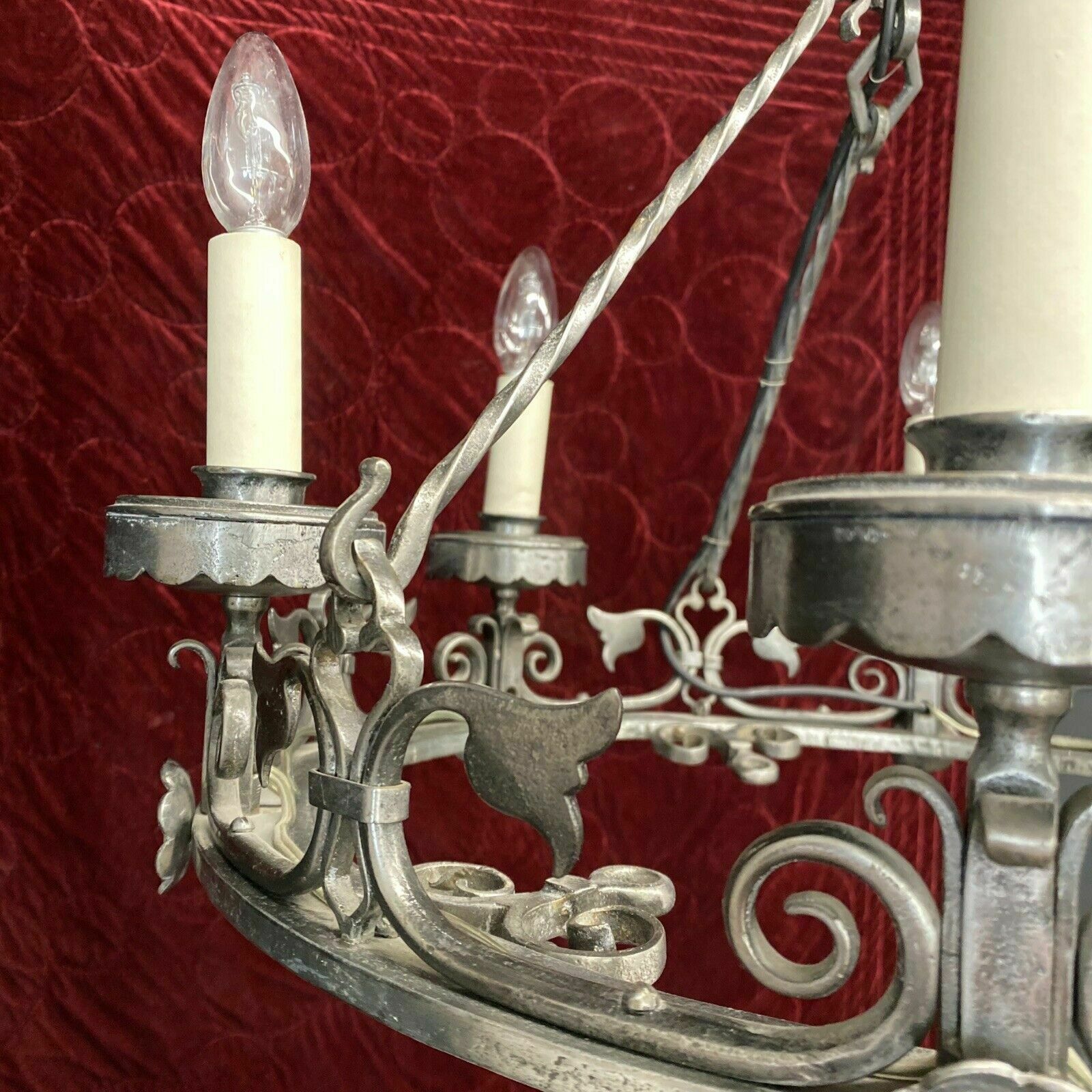 V Large Antique 19th Century Gothic Revival Wrought Iron French Chandelier Light photo for sale