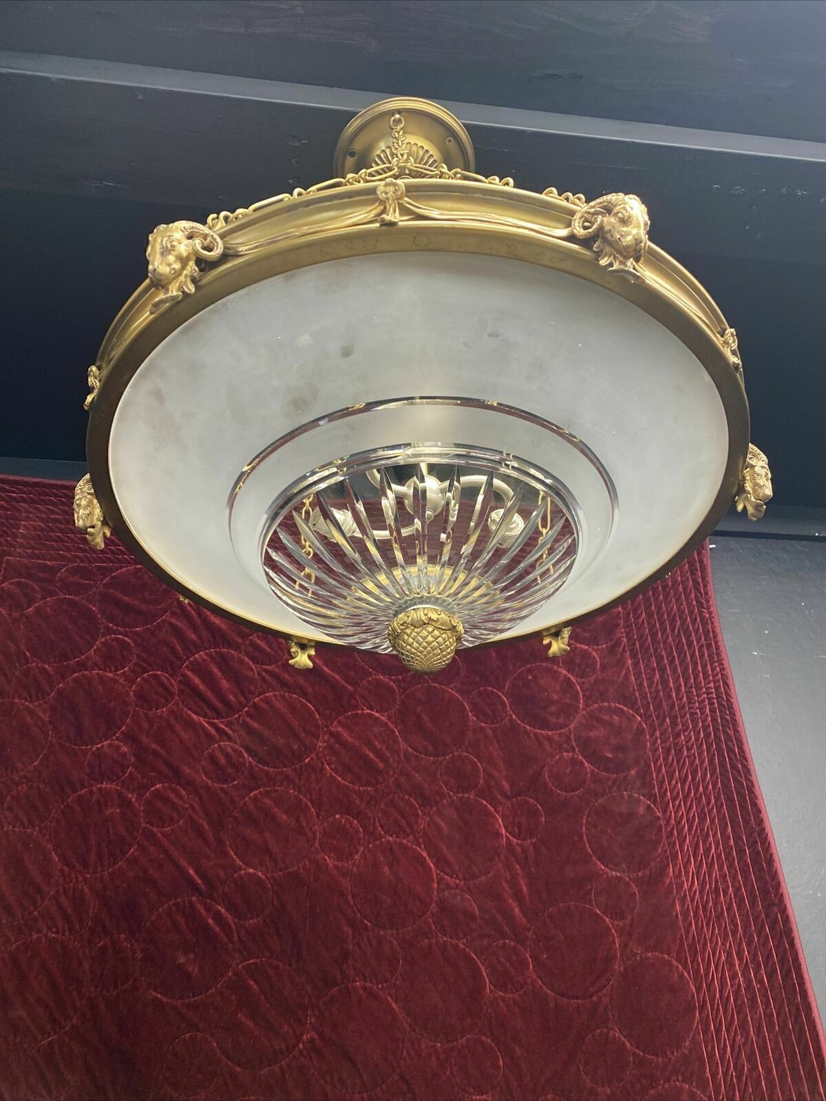 Xl Antique Gilt Brass Cut Etched Glass Ceiling Bowl Louis XV 19th Century Light
