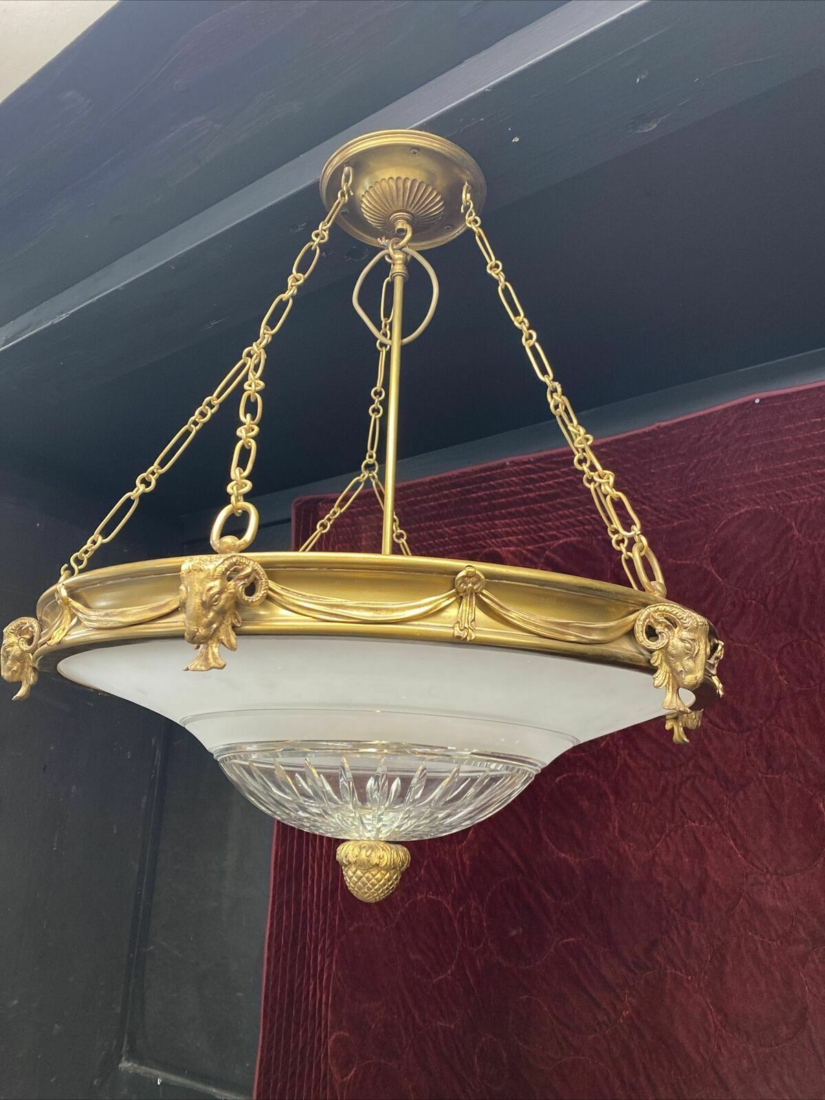 Xl Antique Gilt Brass Cut Etched Glass Ceiling Bowl Louis XV 19th Century Light photo Lighting