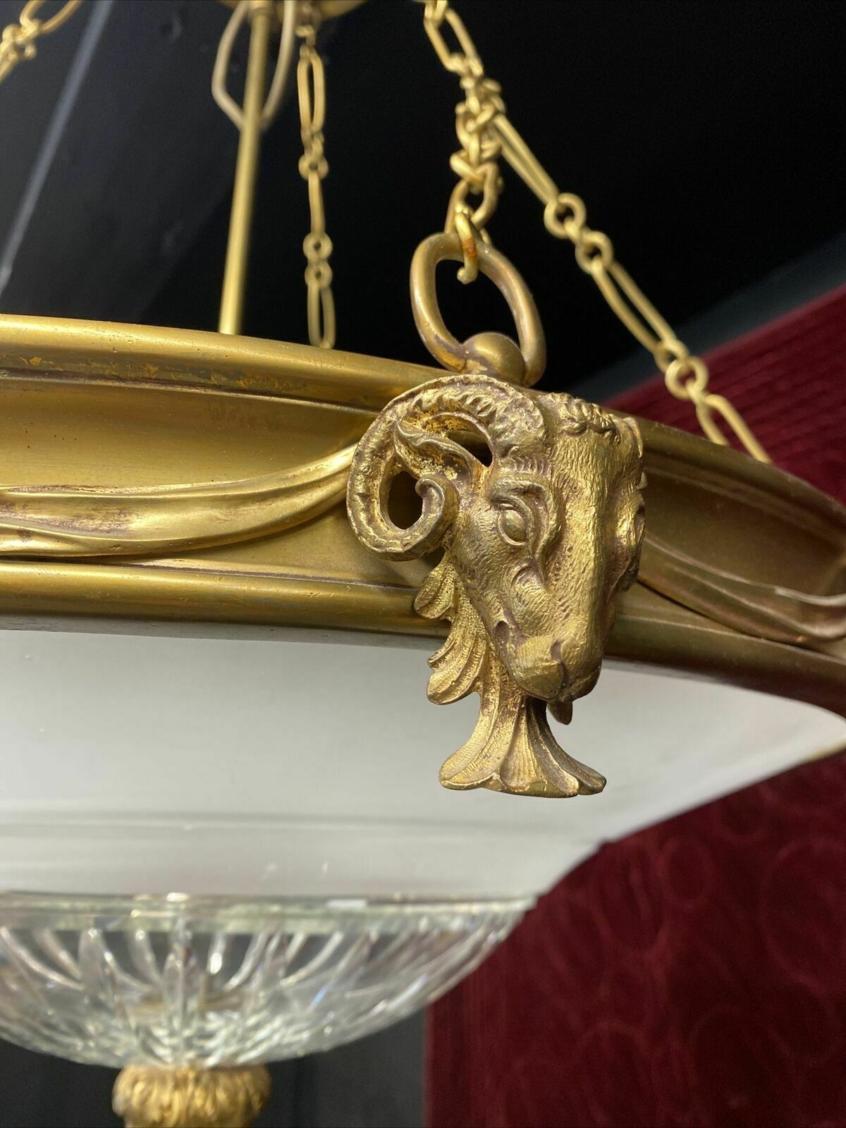 Xl Antique Gilt Brass Cut Etched Glass Ceiling Bowl Louis XV 19th Century Light photo 4130.0
