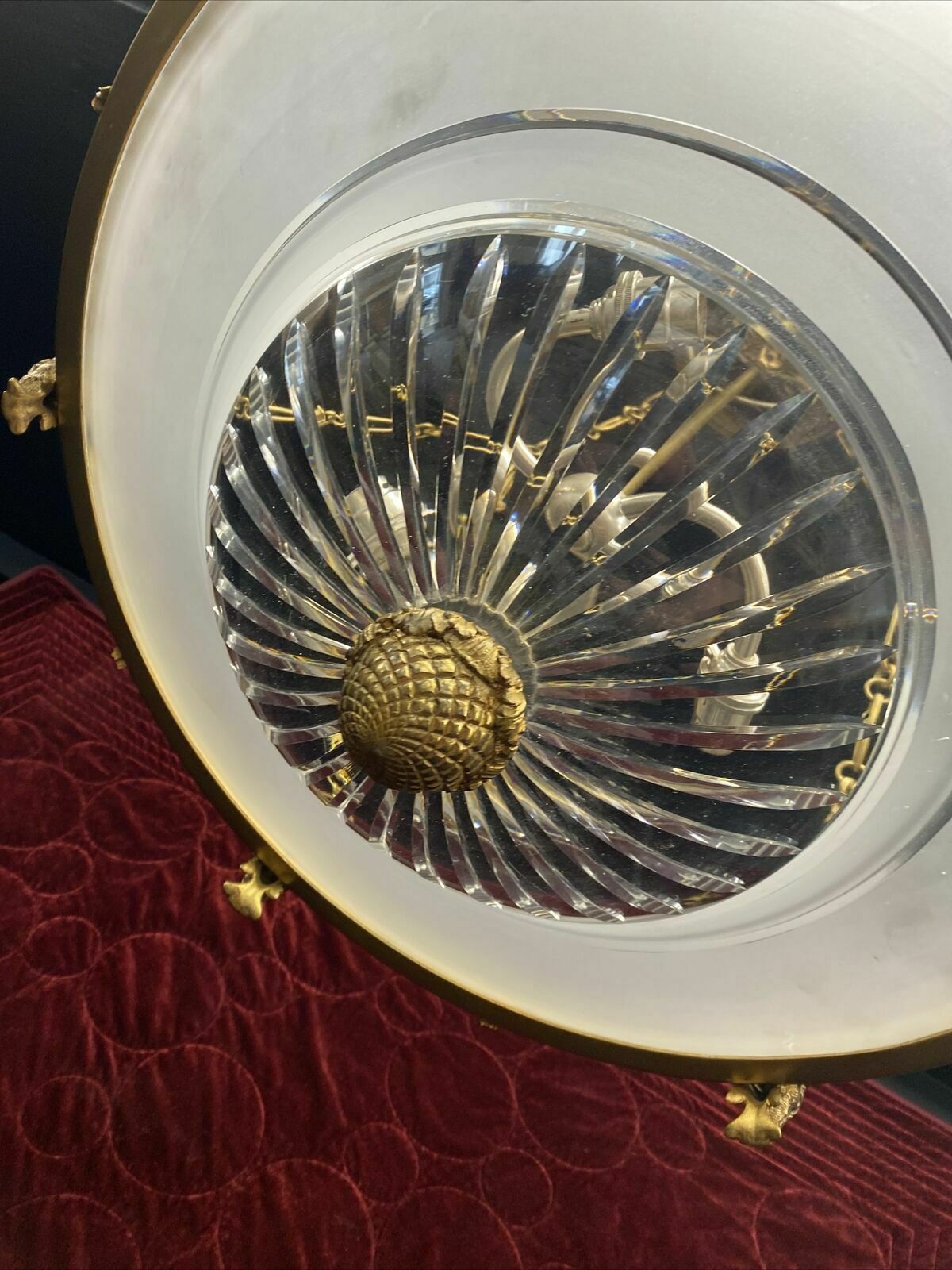 Xl Antique Gilt Brass Cut Etched Glass Ceiling Bowl Louis XV 19th Century Light photo vinterior