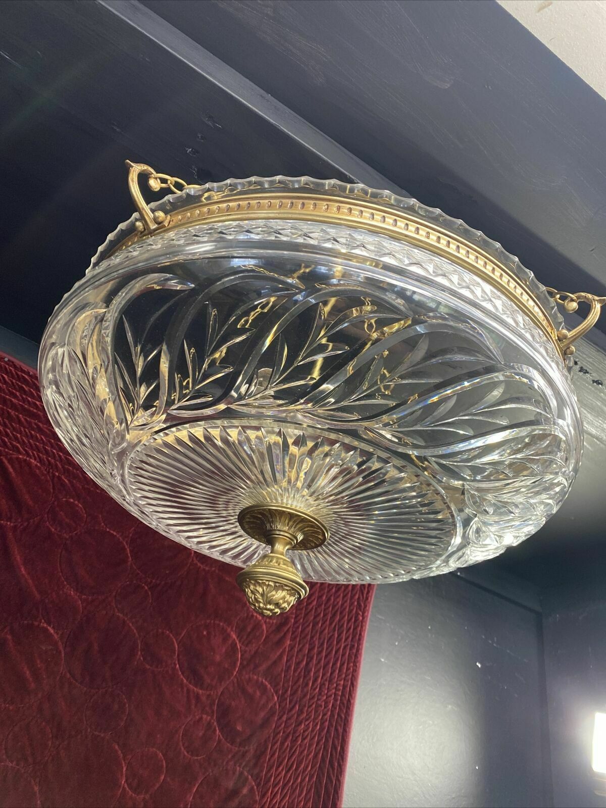 Large Antique Gilt Brass Cut Glass Ceiling Bowl Louis XV 19th Century Light Old photo for sale