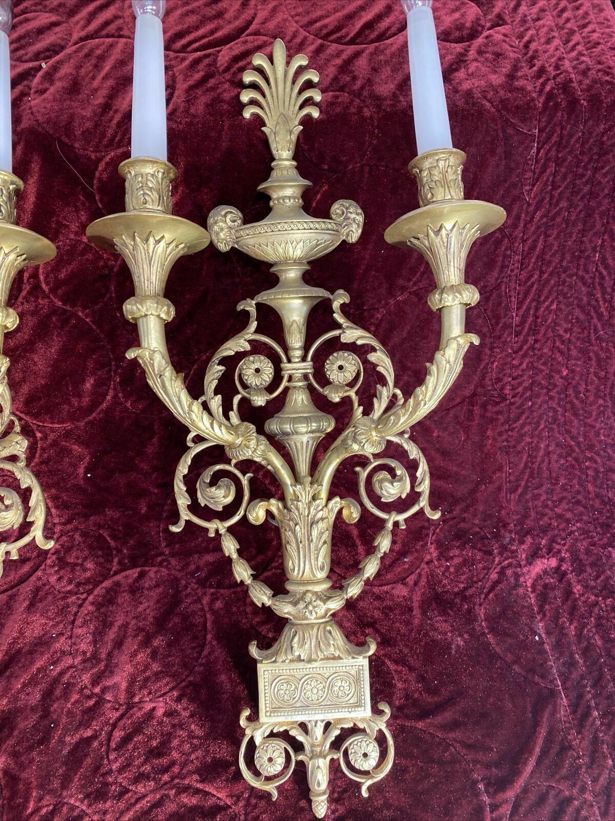 photo for sale Set 3 Large Antique Gold Gilt Brass Wall Sconces Lights Louis XV 19th Century