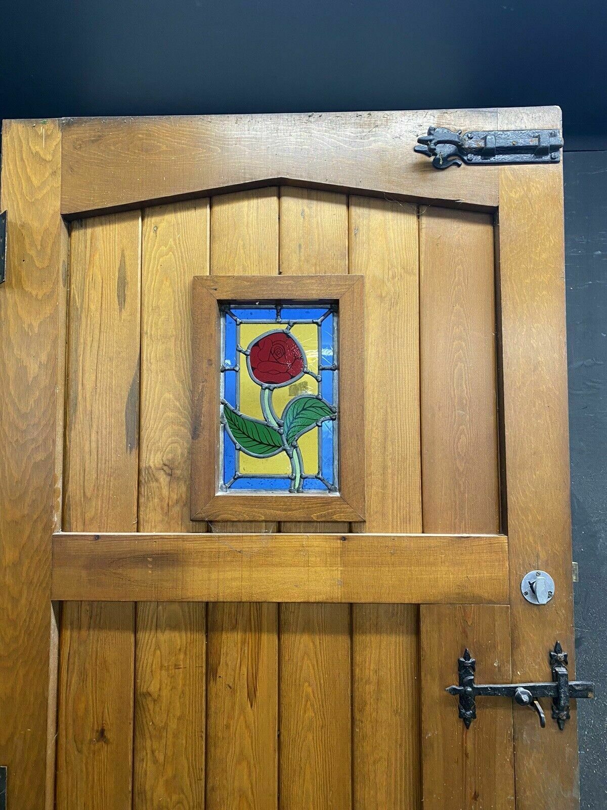 Cottage Stained Glass Front Door Antique Period Reclaimed Old Pine Wood Iron photo vintage