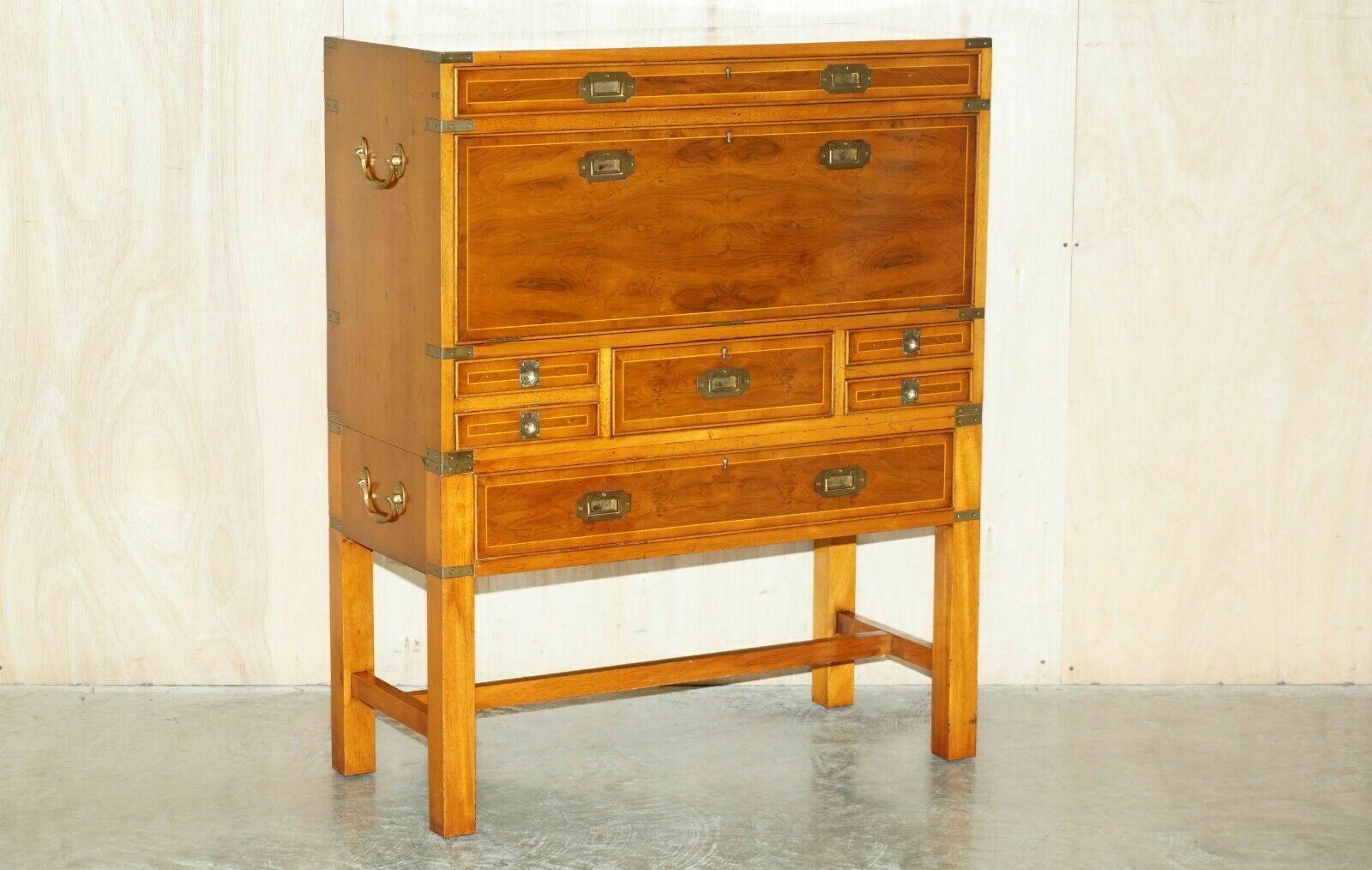 Harrods Kennedy Burr Yew Wood Green Leather Secrataire Desk Chest Of Drawers