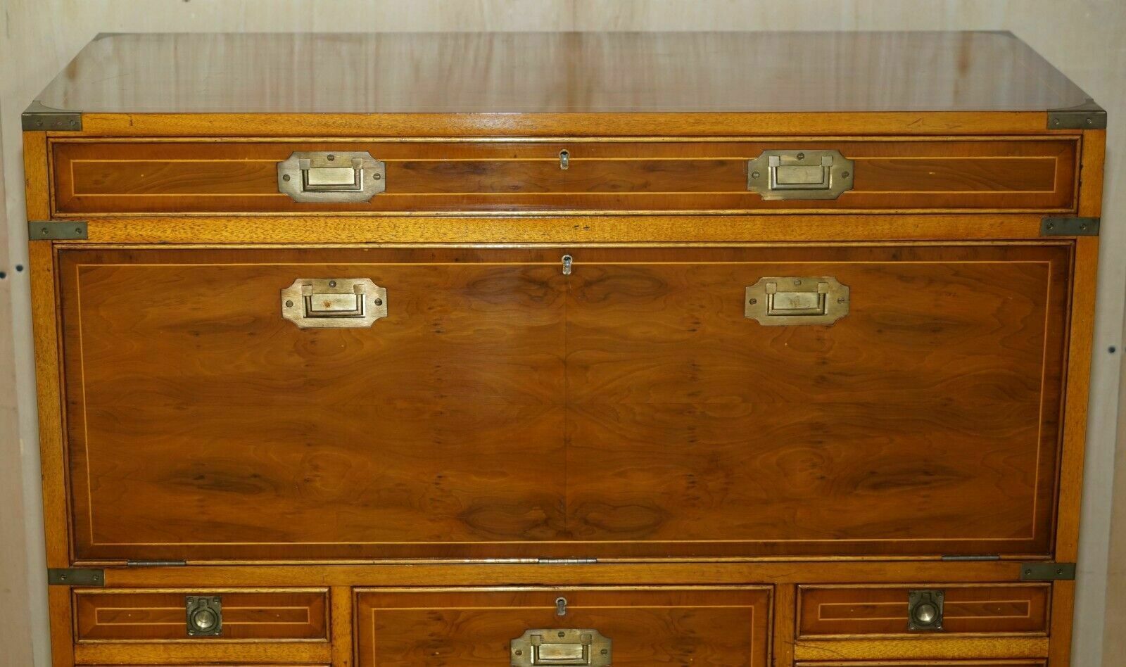Harrods Kennedy Burr Yew Wood Green Leather Secrataire Desk Chest Of Drawers photo for sale