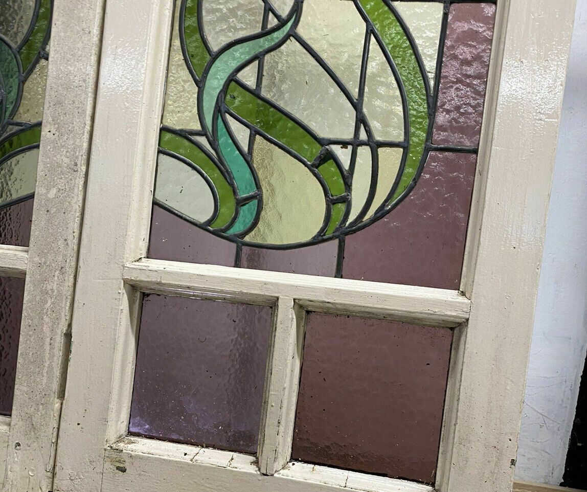 photo vintage Pair Large Art Nouveau Stained Glass Windows Antique Period Lead Old Reclaimed