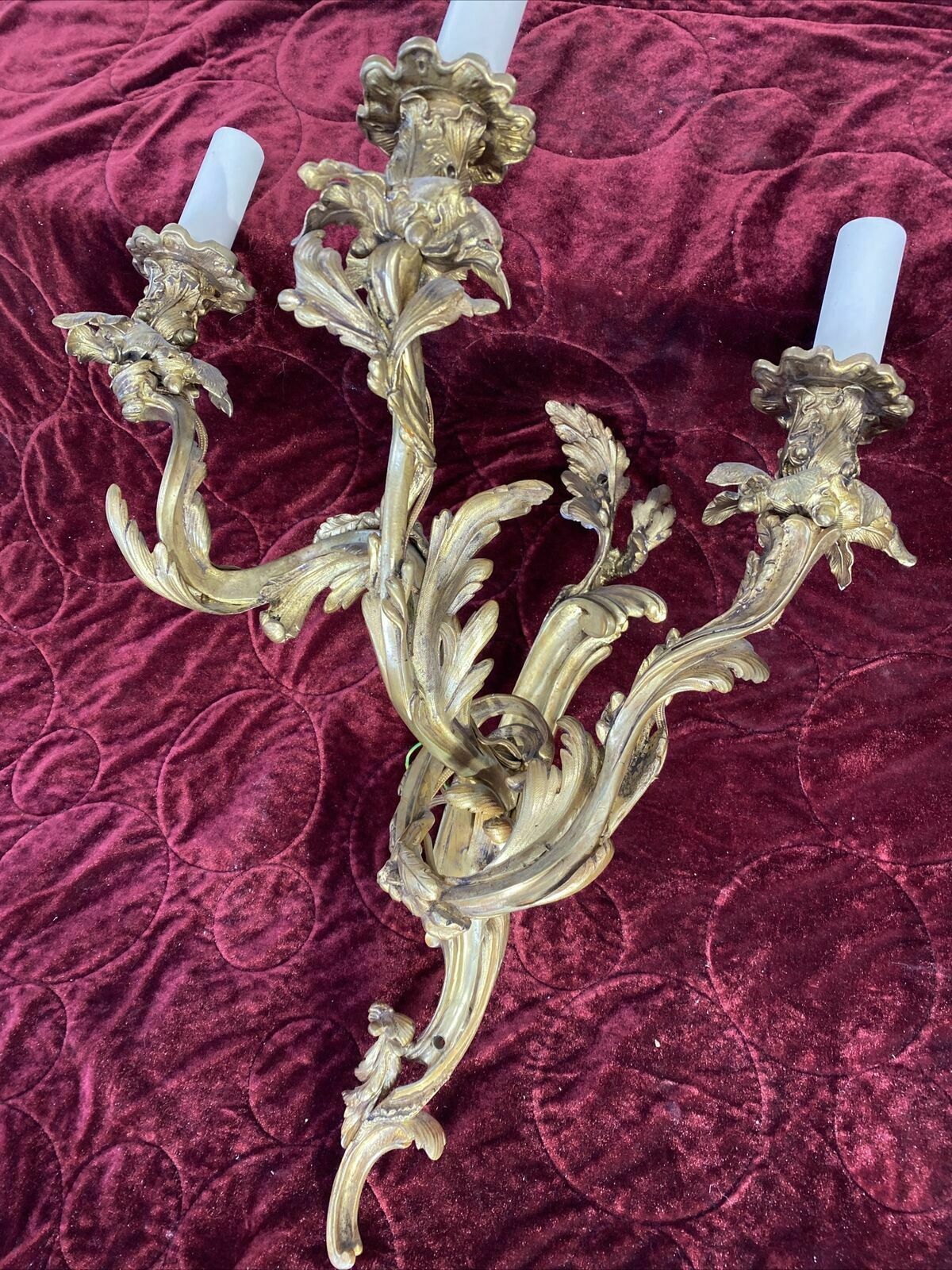 Set 2 Large Antique Gold Gilt Brass Wall Sconces Lights Louis XV 19th Century photo furniture