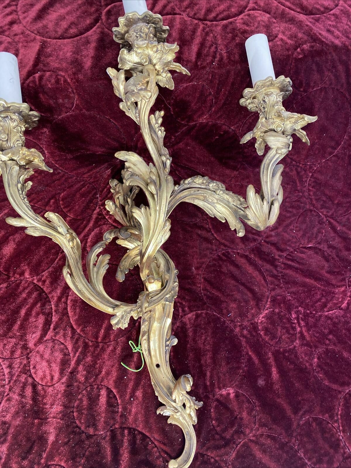Set 2 Large Antique Gold Gilt Brass Wall Sconces Lights Louis XV 19th Century photo for sale