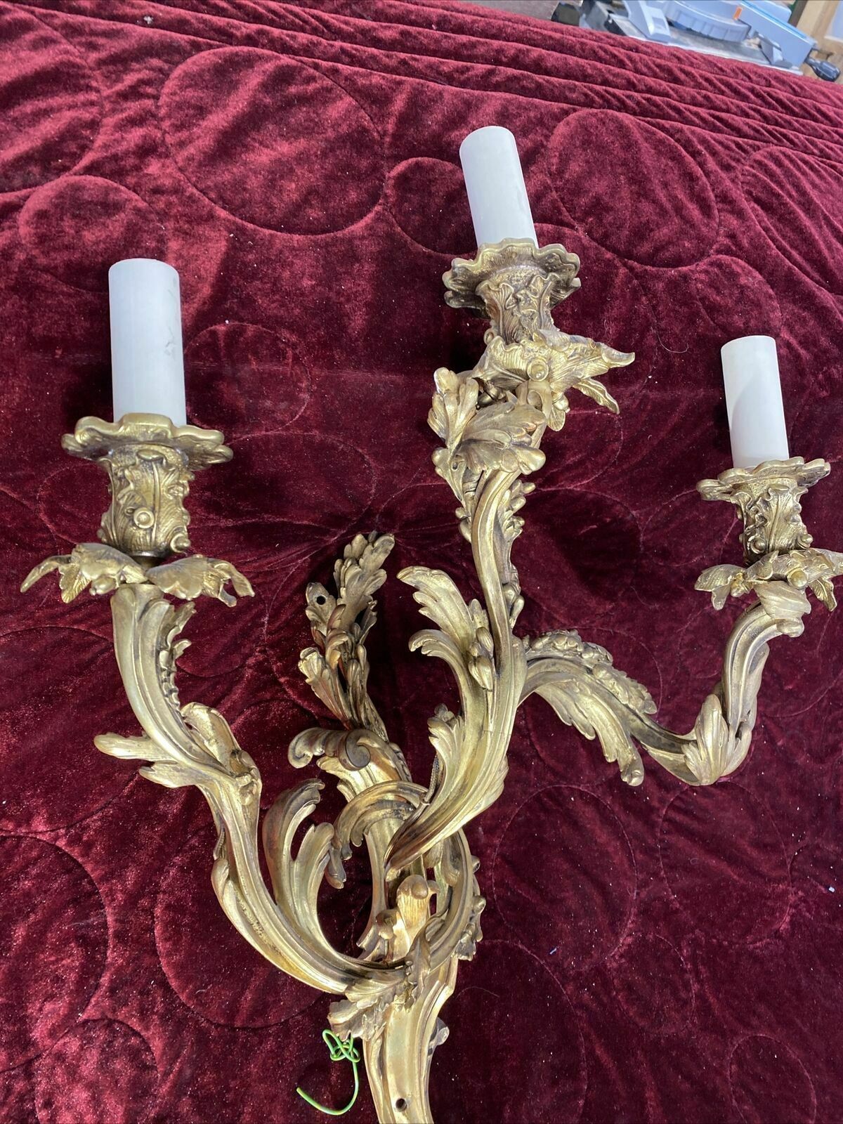 photo for sale Set 2 Large Antique Gold Gilt Brass Wall Sconces Lights Louis XV 19th Century