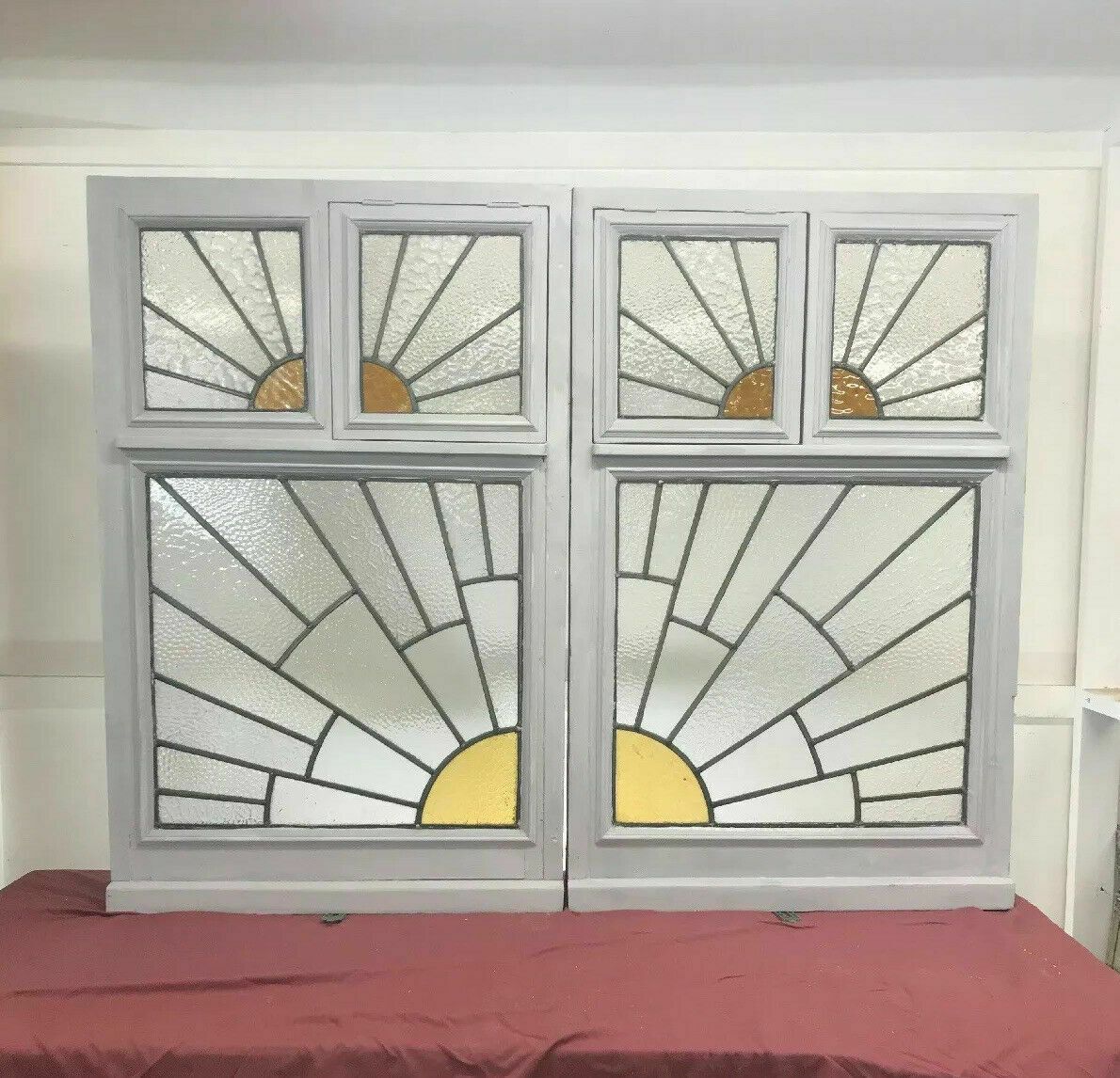 Pair Large Art Deco Stained Glass Windows Antique Period Lead Old Reclaimed Wood