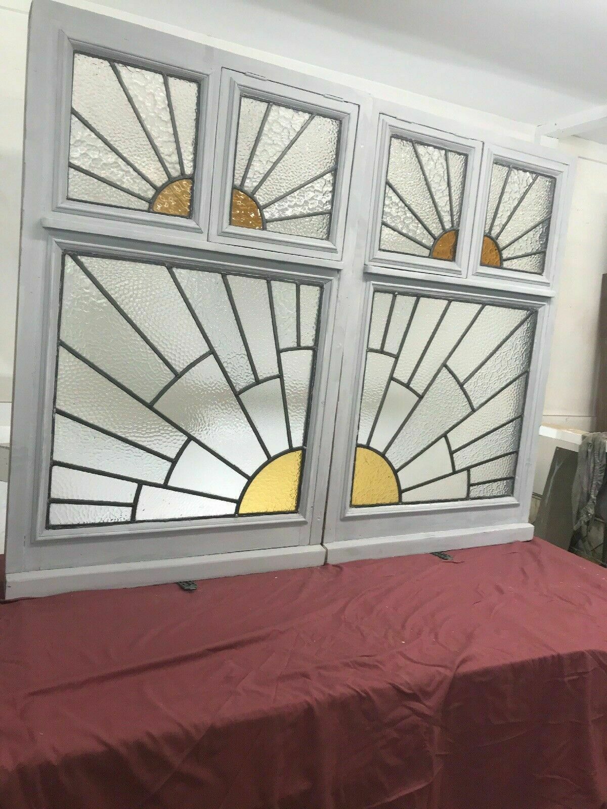 Pair Large Art Deco Stained Glass Windows Antique Period Lead Old Reclaimed Wood photo Home Fixtures