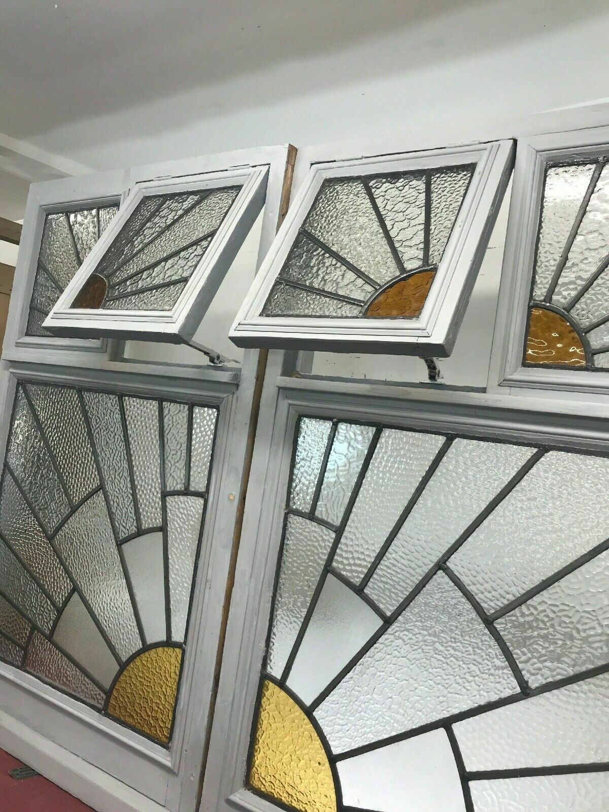 Pair Large Art Deco Stained Glass Windows Antique Period Lead Old Reclaimed Wood photo vintage