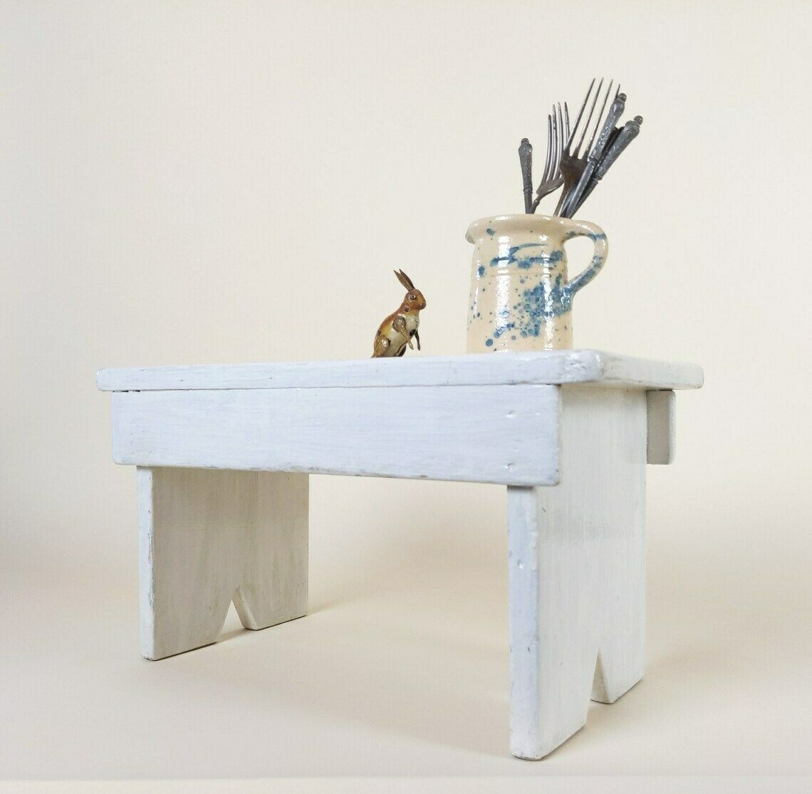 French Vintage Wooden Step Stool White Painted Display Stand Or Plant Stand