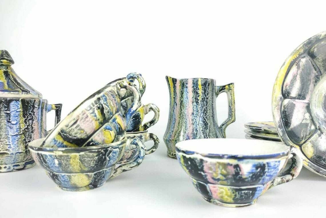 Vintage French Espresso Set, Vintage Majolica Coffee Service, Vintage Pottery Cups And Saucers Creamer And Sugar Bowl, Ceramic Cup Saucer photo for sale