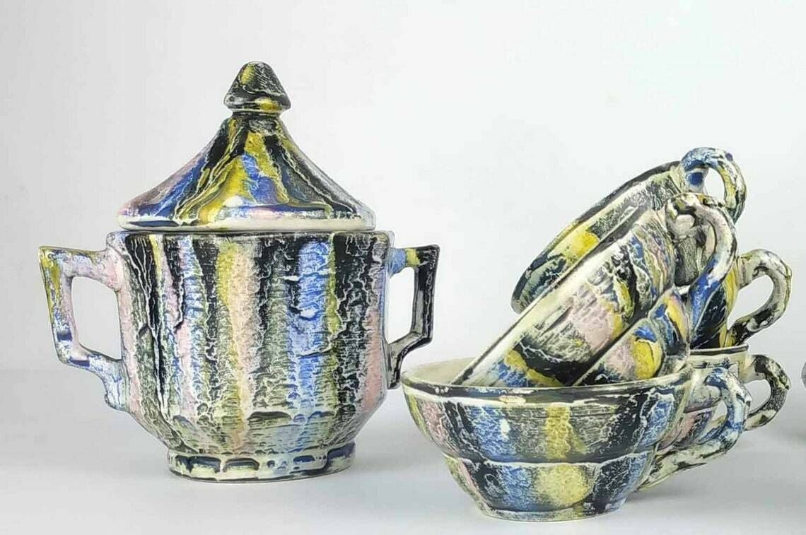 Vintage French Espresso Set, Vintage Majolica Coffee Service, Vintage Pottery Cups And Saucers Creamer And Sugar Bowl, Ceramic Cup Saucer photo vintage
