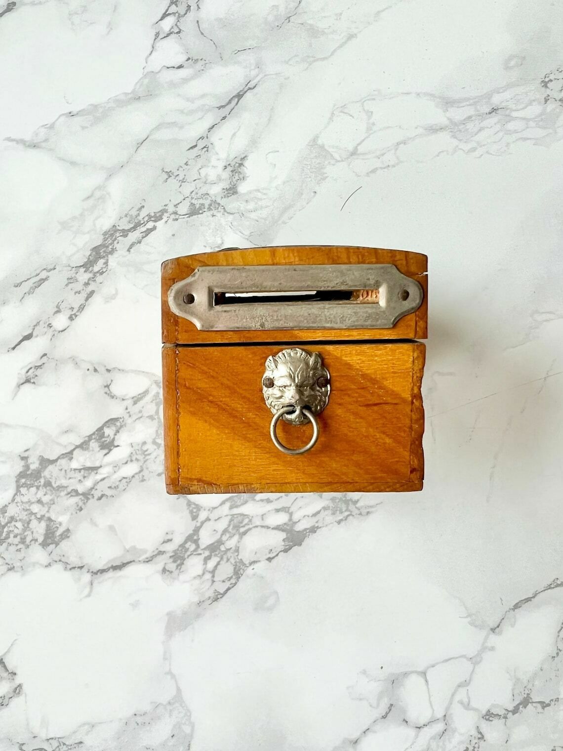 Rare Small Antique French Piggy Bank Box Dating From The 19th Century   Light Wood And Pewter   Napoleon III photo for sale