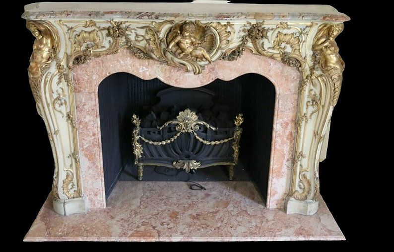 Home Fixtures Rare Marble & Gilt Wood Antique Fire Surround Fireplace Reclaimed Royal Prov photo